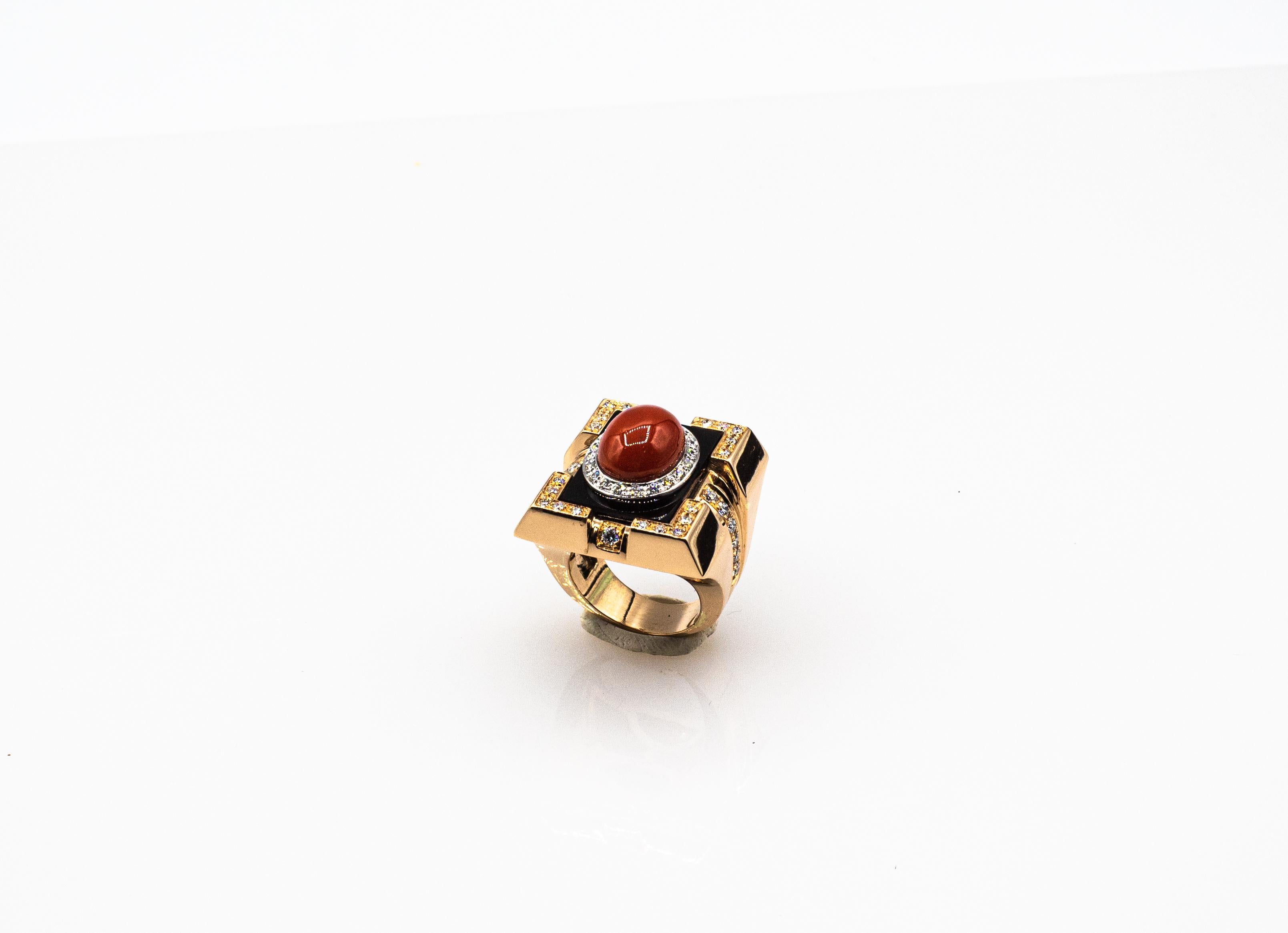 Brilliant Cut Art Deco Style Diamond Mediterranean Red Coral Onyx Yellow Gold Cocktail Ring