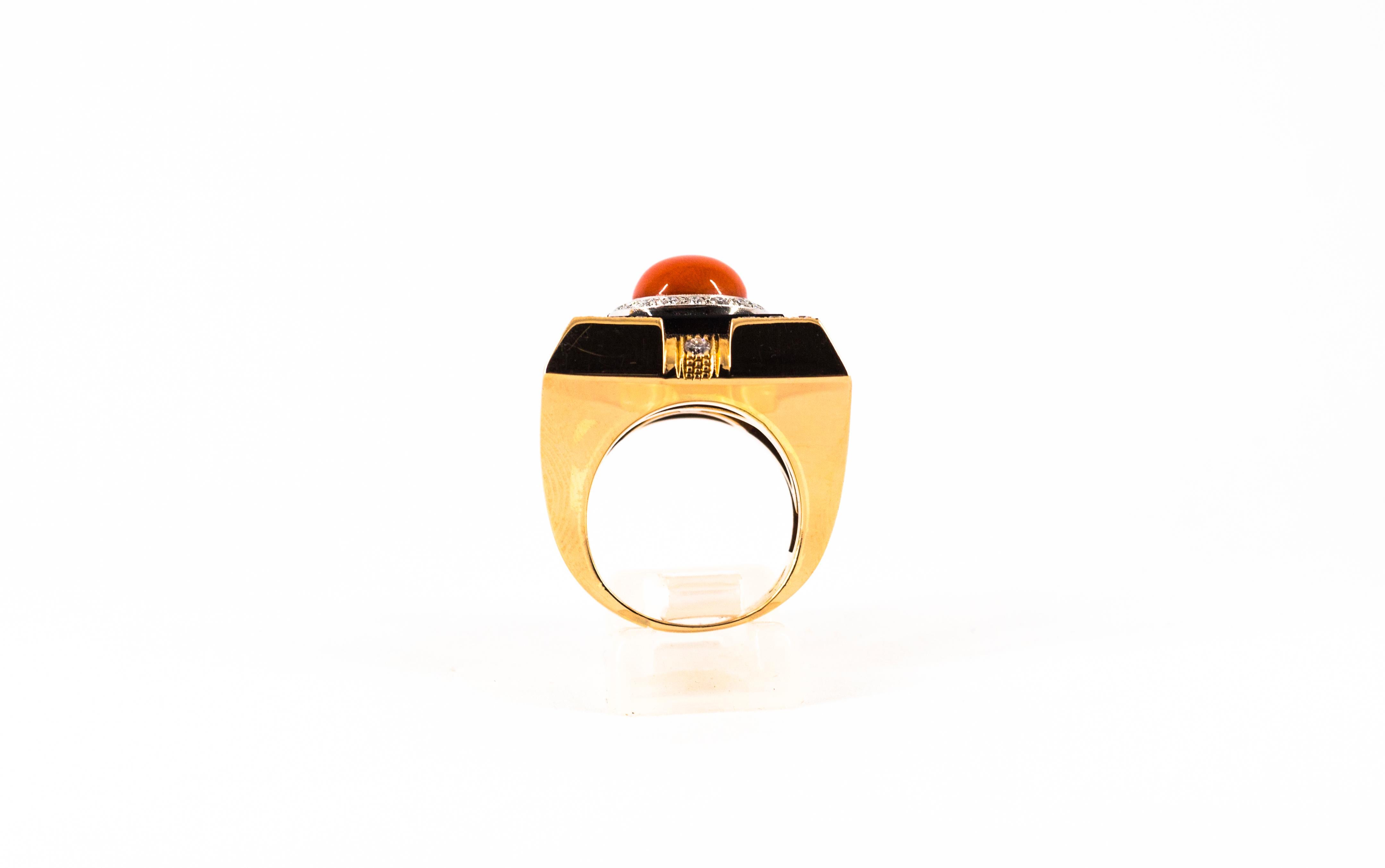 Cocktailring im Art déco-Stil mit mediterraner roter Koralle und Onyx in Gelbgold für Damen oder Herren