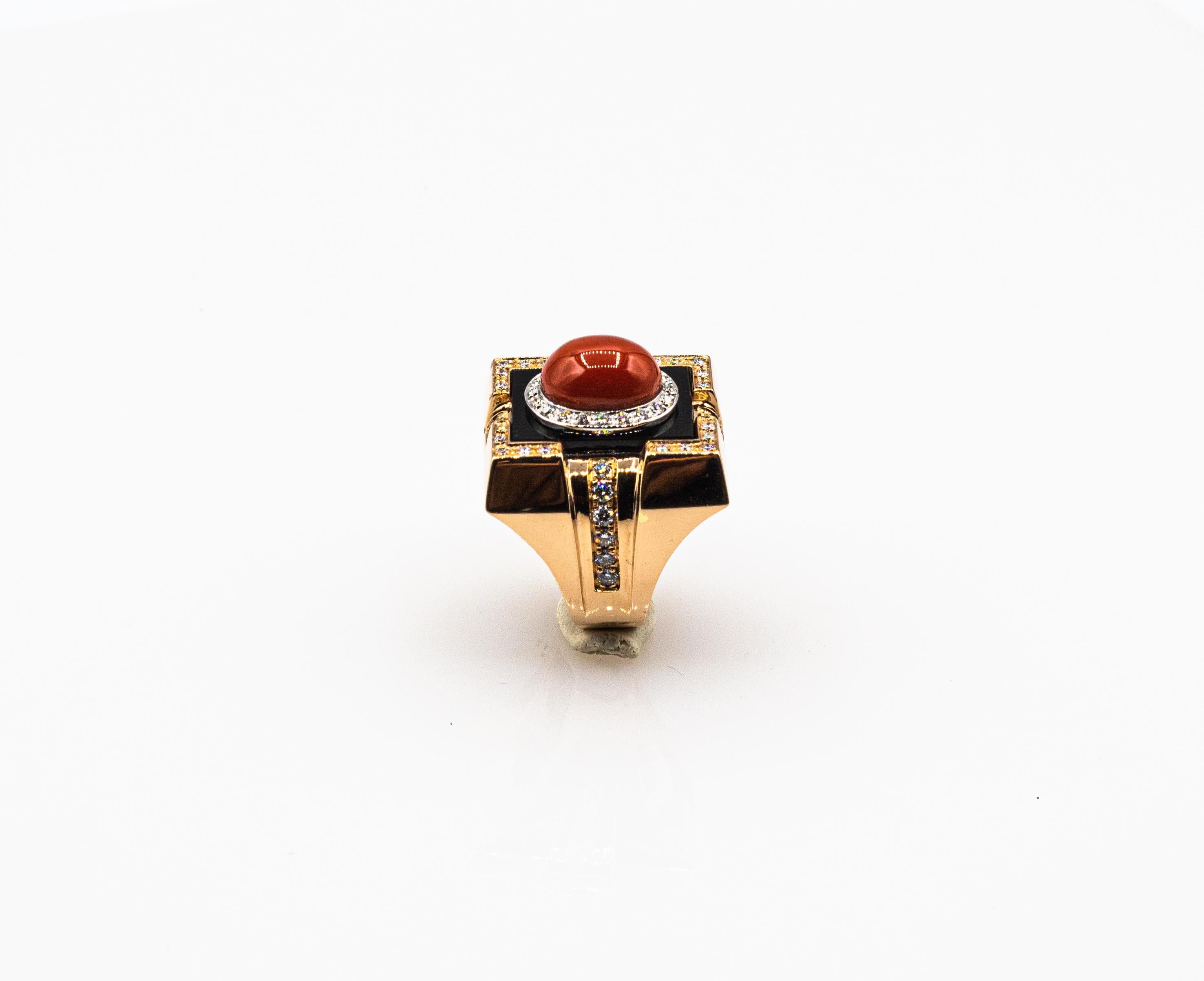 Brilliant Cut Art Deco Style Diamond Mediterranean Red Coral Onyx Yellow Gold Cocktail Ring For Sale