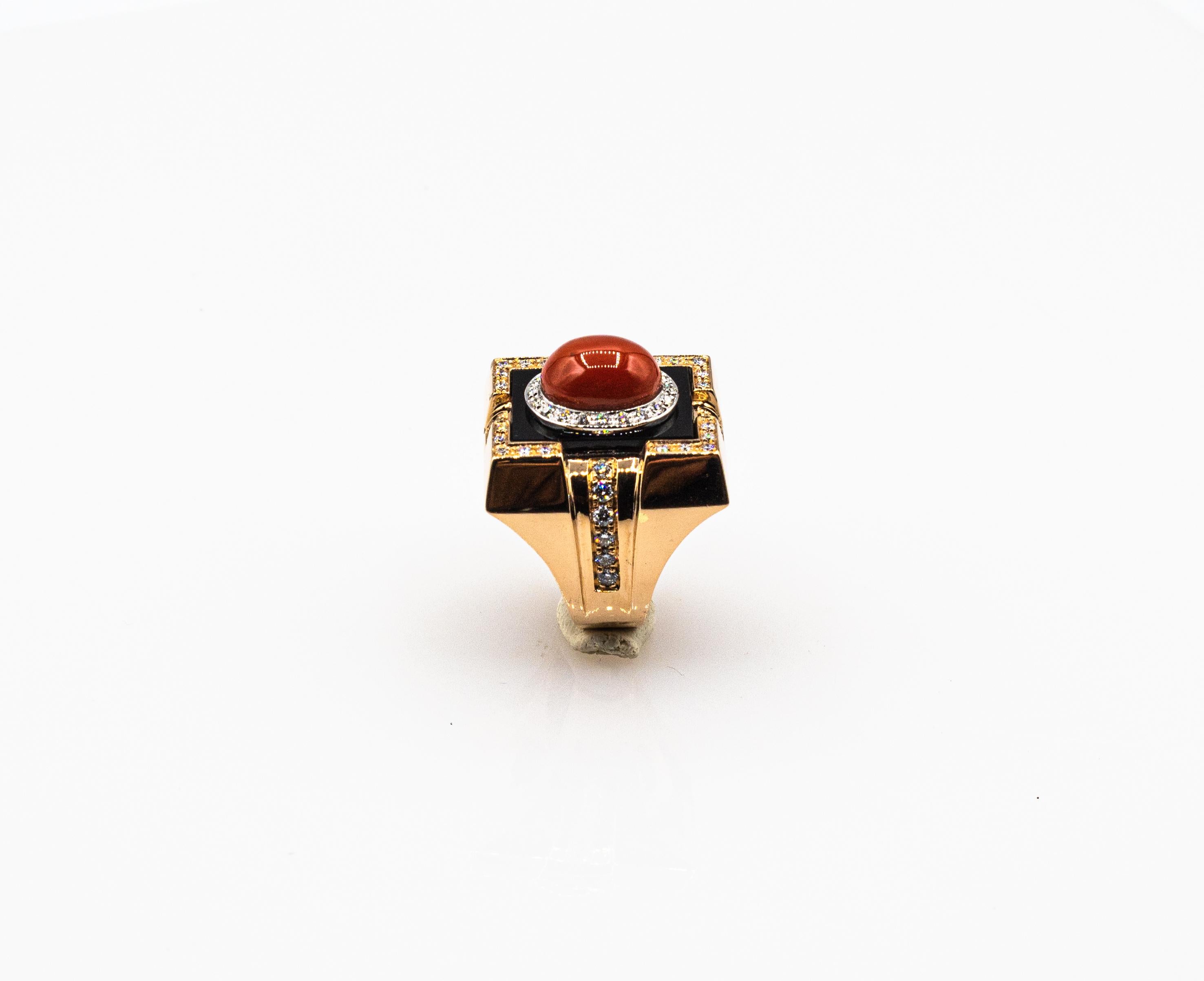 Women's or Men's Art Deco Style Diamond Mediterranean Red Coral Onyx Yellow Gold Cocktail Ring