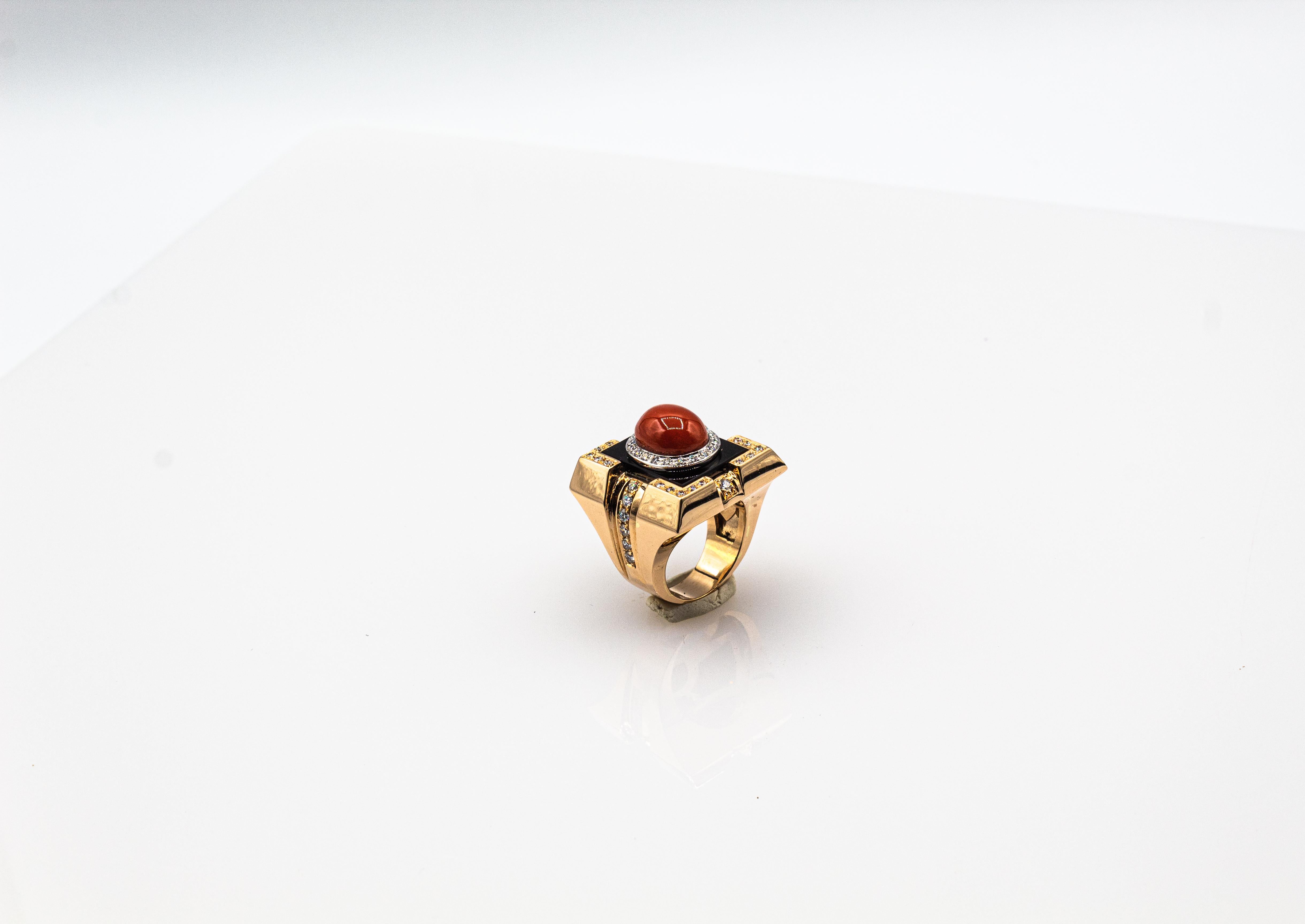 Art Deco Style Diamond Mediterranean Red Coral Onyx Yellow Gold Cocktail Ring In New Condition For Sale In Naples, IT