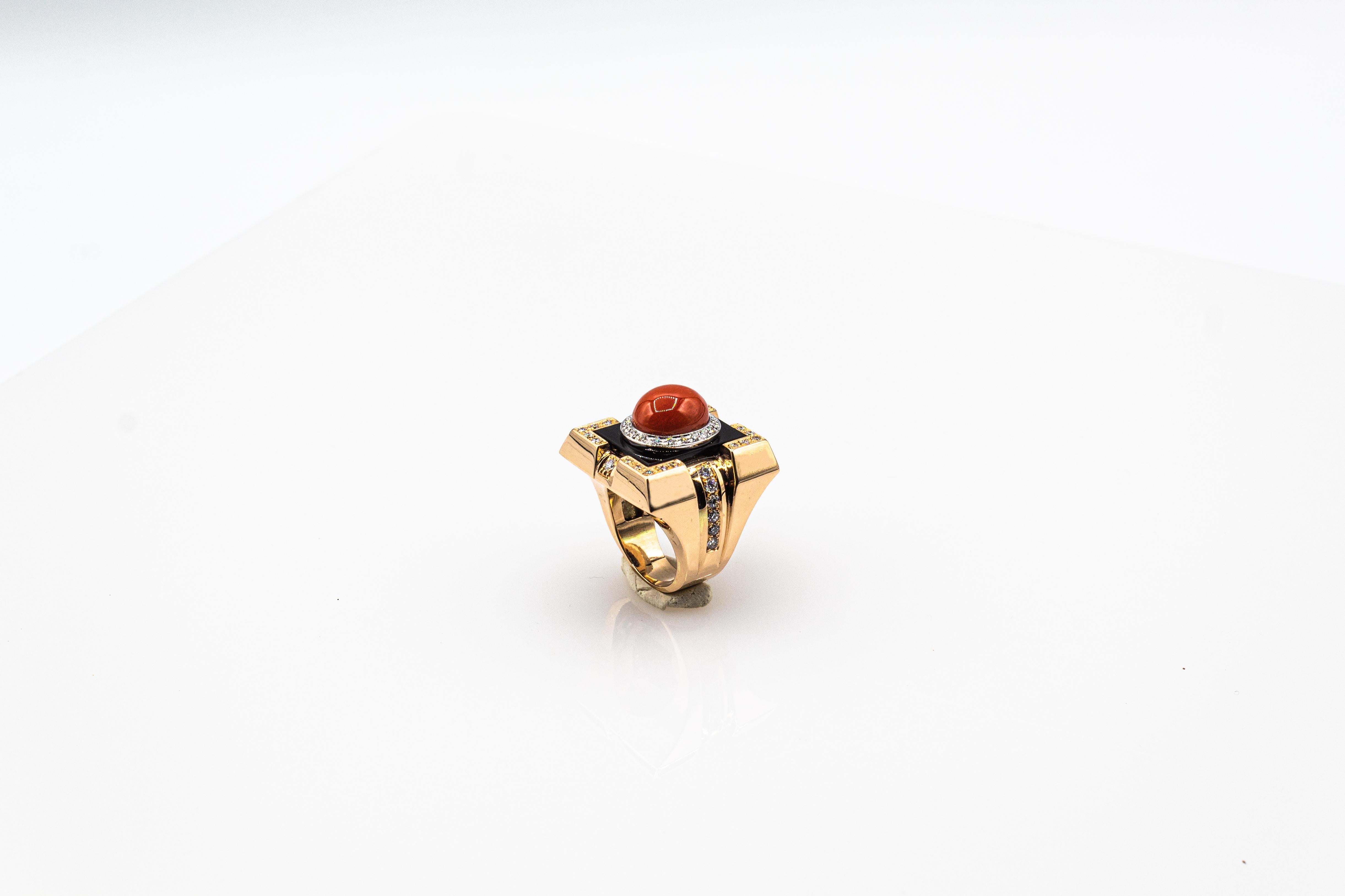 Women's or Men's Art Deco Style Diamond Mediterranean Red Coral Onyx Yellow Gold Cocktail Ring For Sale
