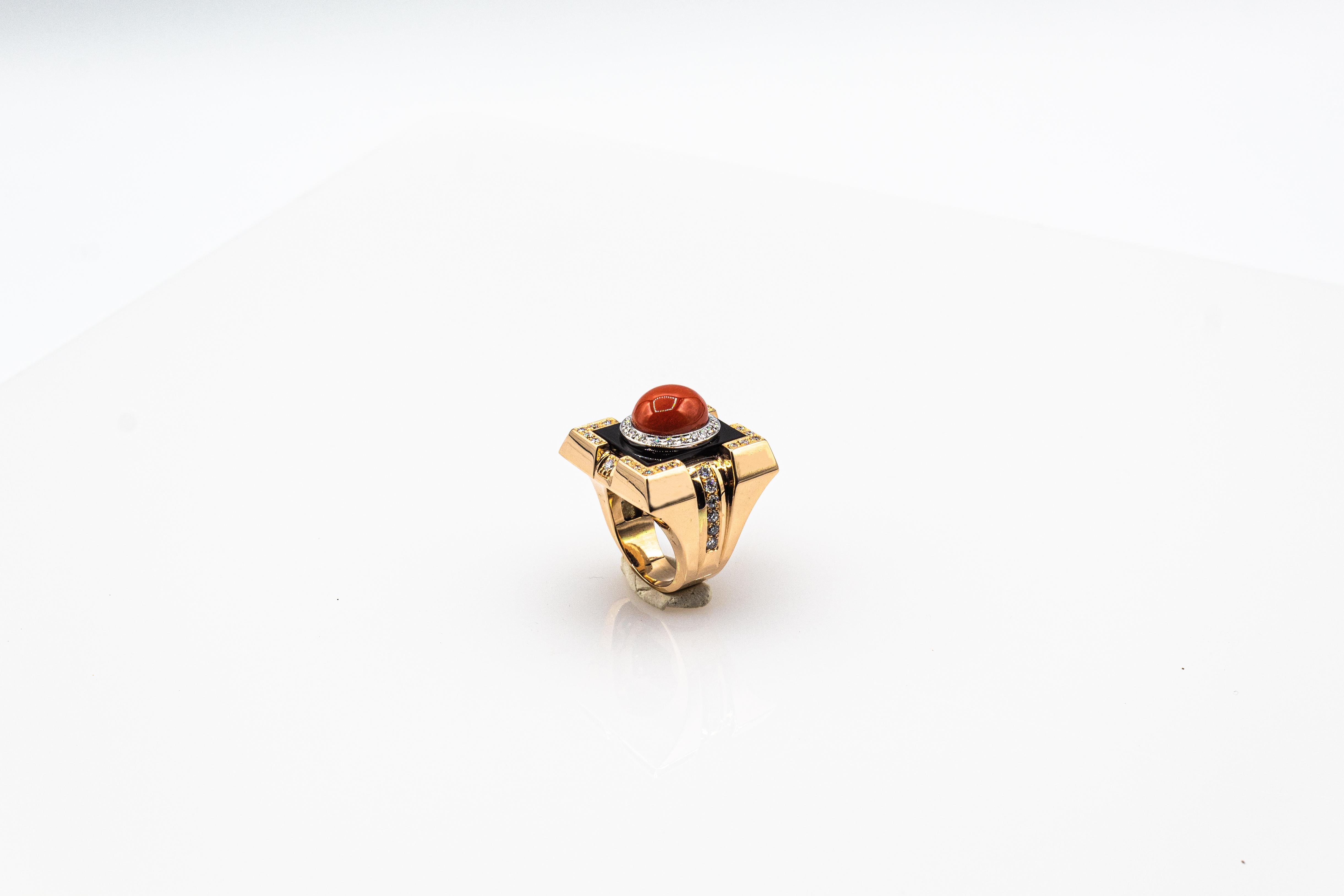 Art Deco Style Diamond Mediterranean Red Coral Onyx Yellow Gold Cocktail Ring 2