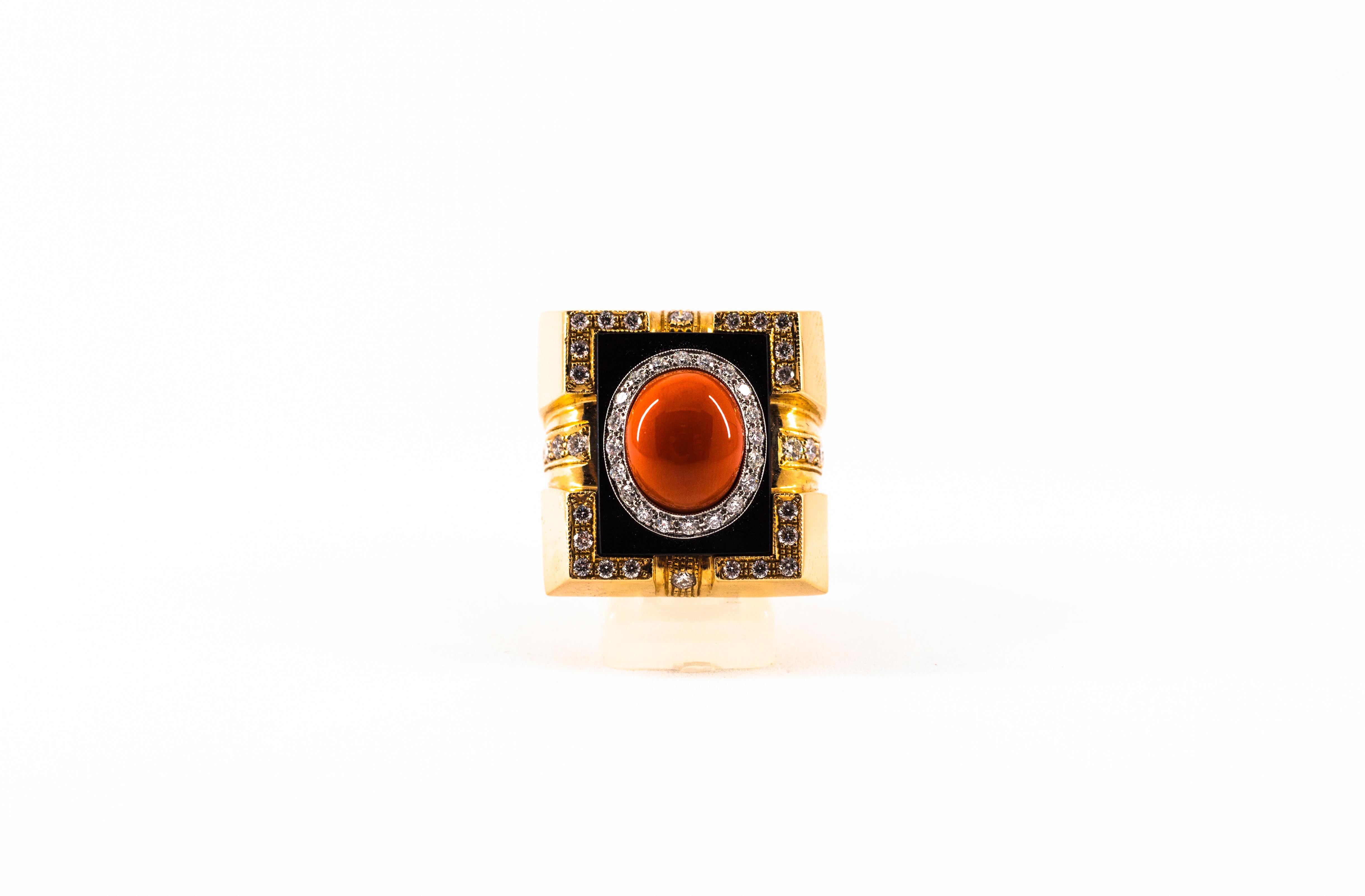 Cocktailring im Art déco-Stil mit mediterraner roter Koralle und Onyx in Gelbgold 3