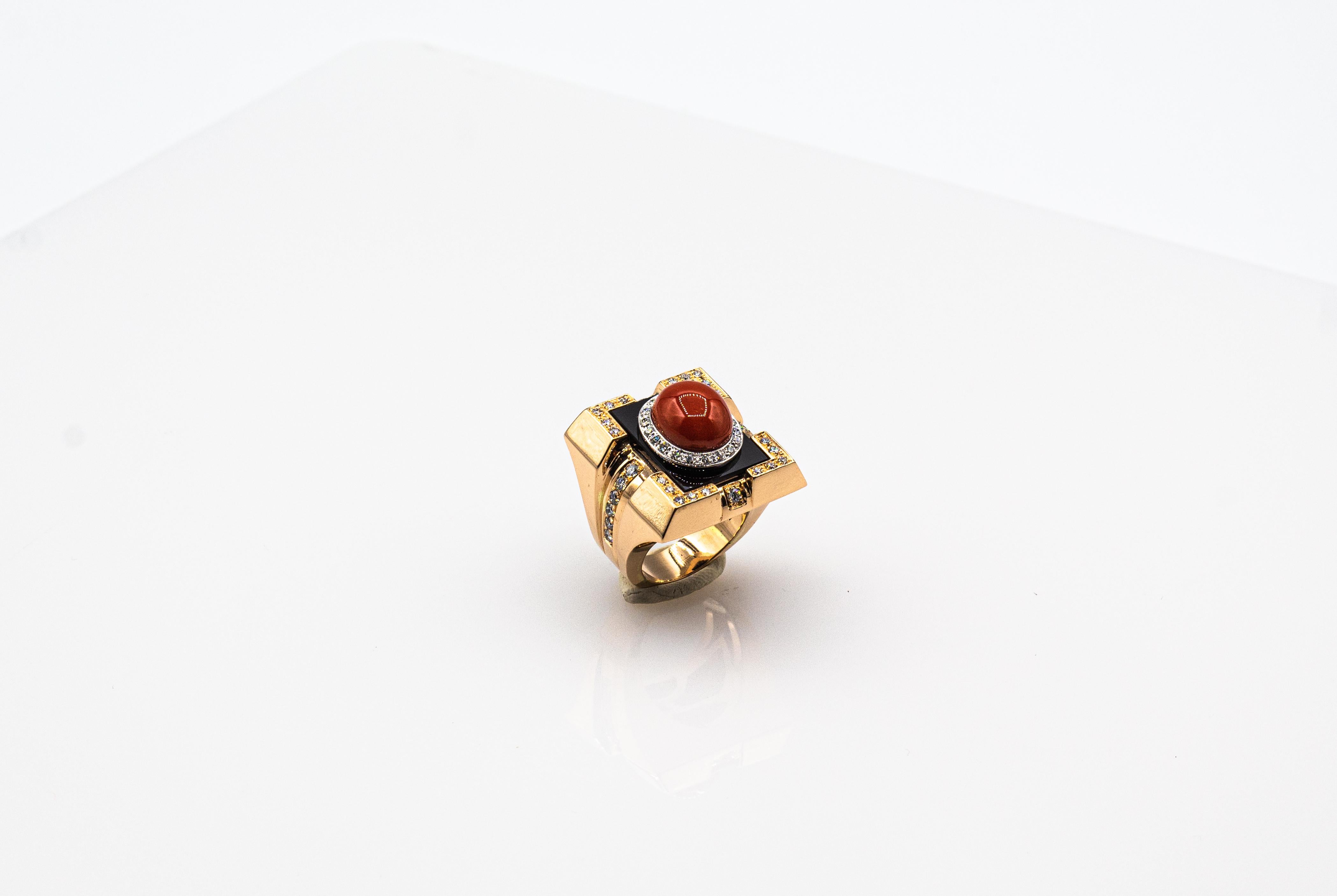 Art Deco Style Diamond Mediterranean Red Coral Onyx Yellow Gold Cocktail Ring For Sale 1