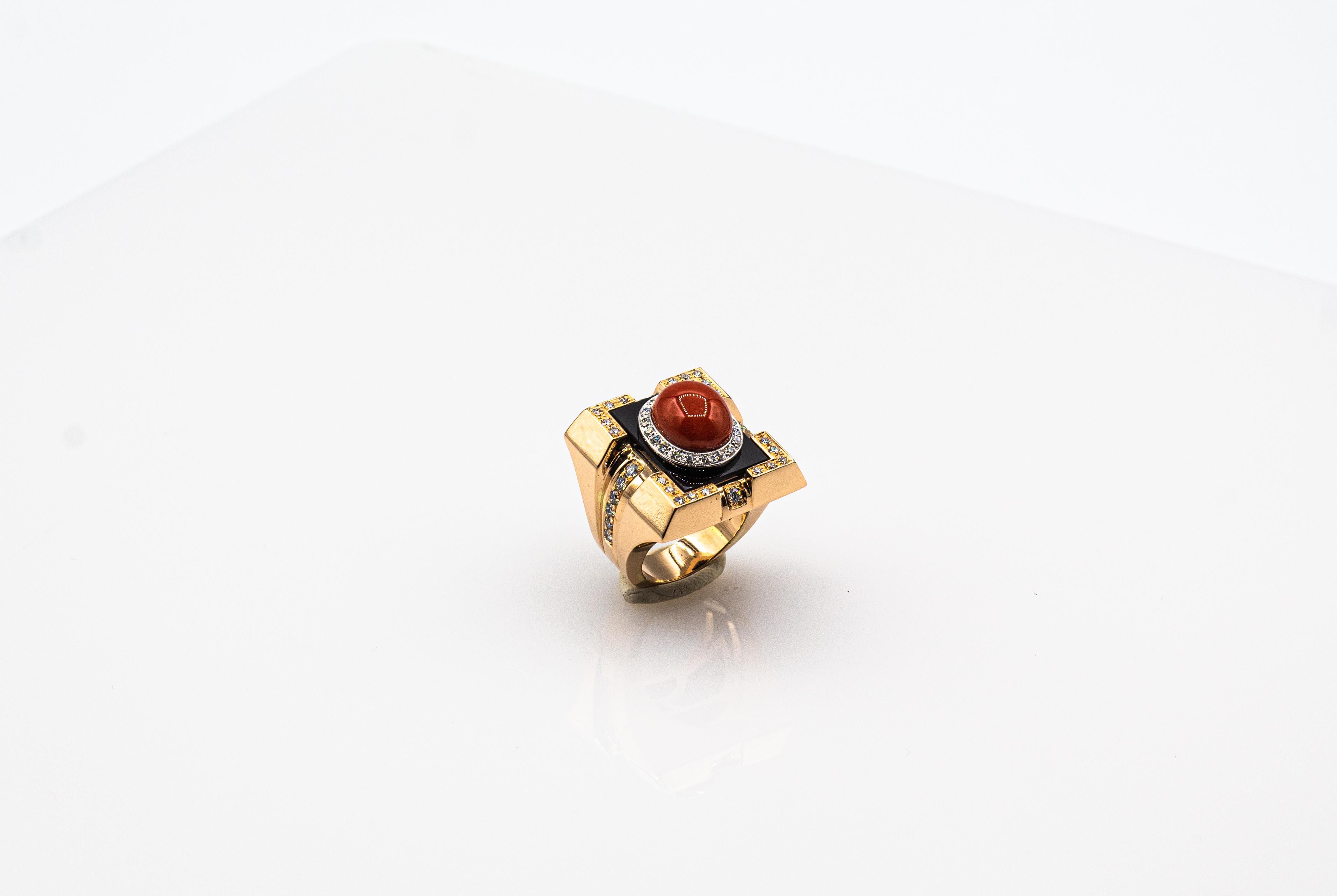 Art Deco Style Diamond Mediterranean Red Coral Onyx Yellow Gold Cocktail Ring 3