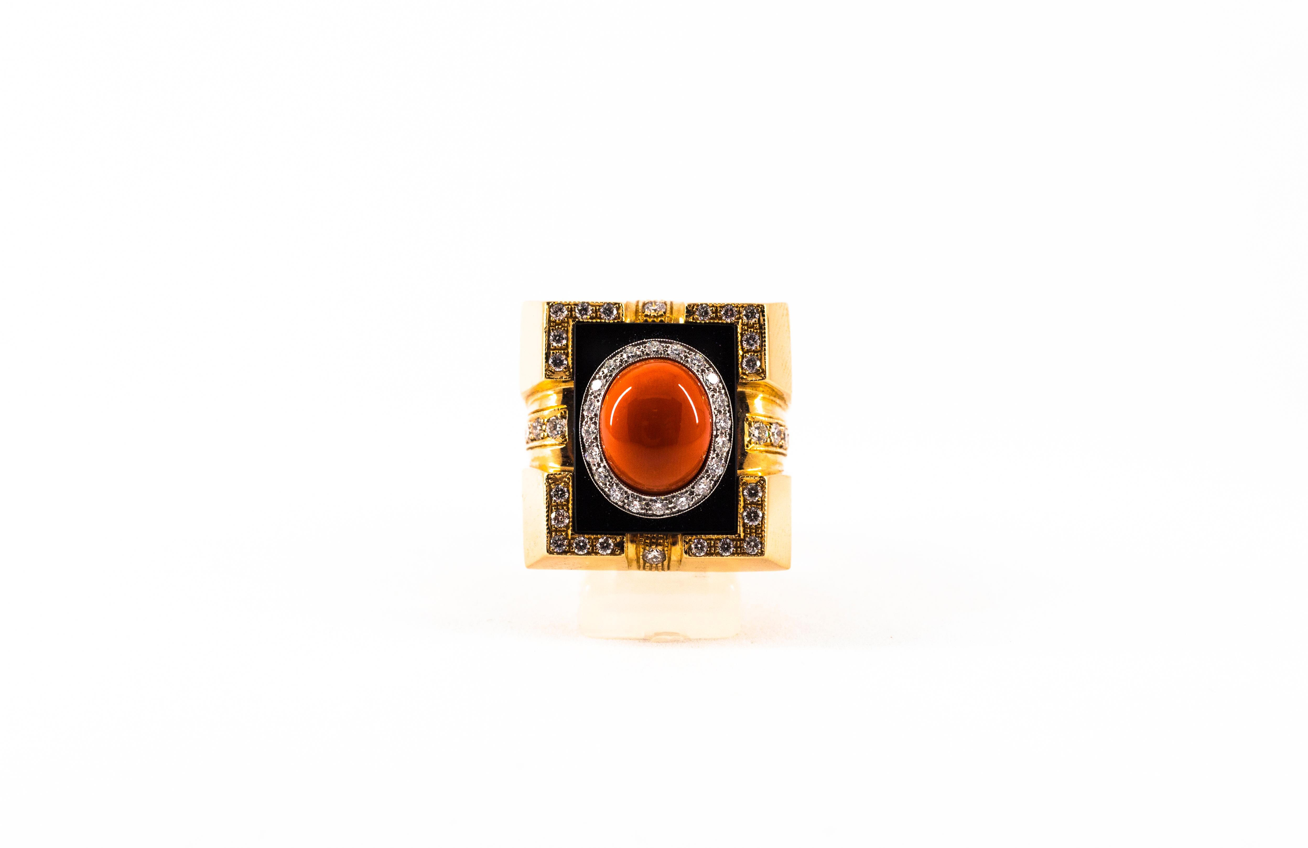 Cocktailring im Art déco-Stil mit mediterraner roter Koralle und Onyx in Gelbgold 4