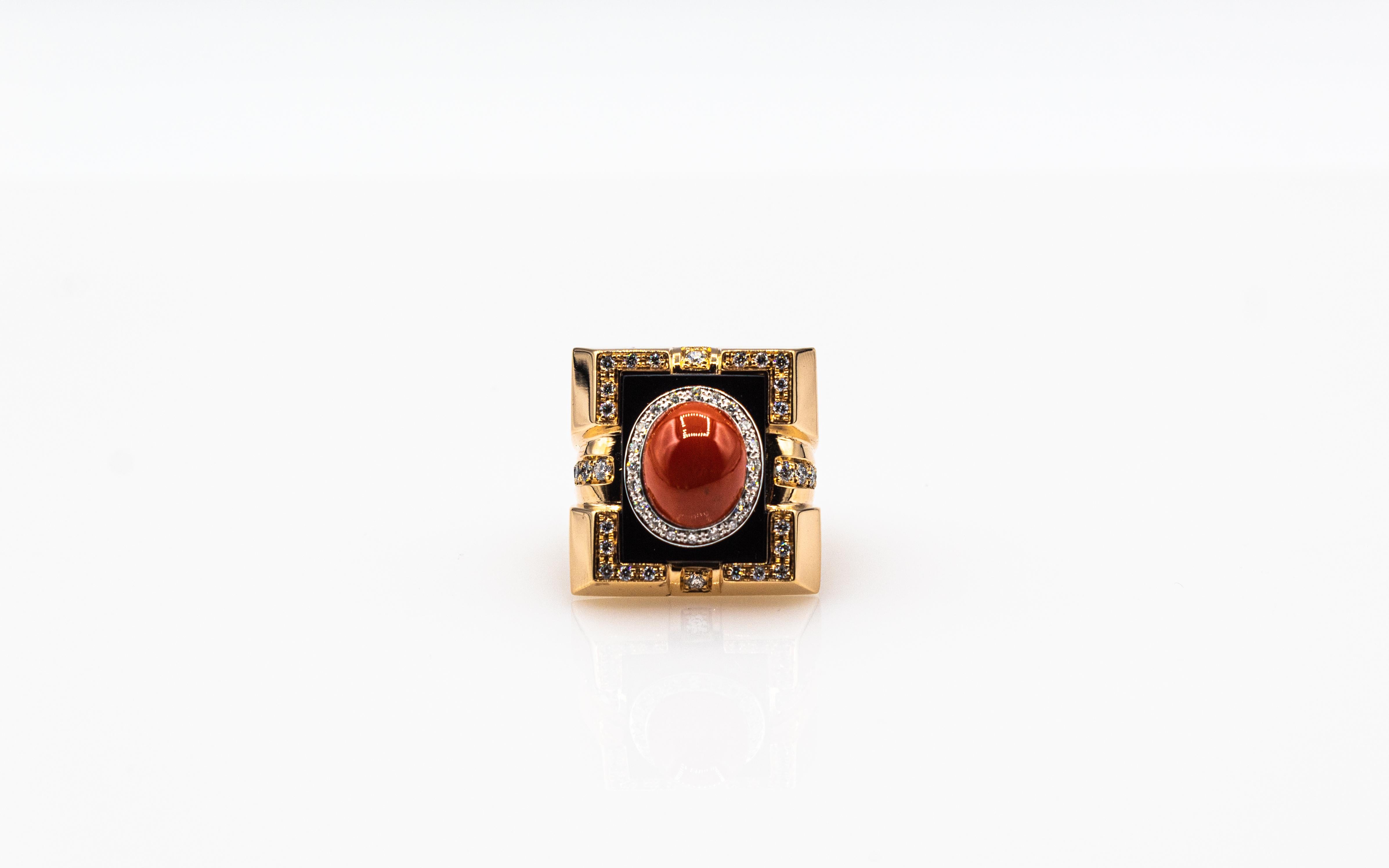 Art Deco Style Diamond Mediterranean Red Coral Onyx Yellow Gold Cocktail Ring For Sale 2