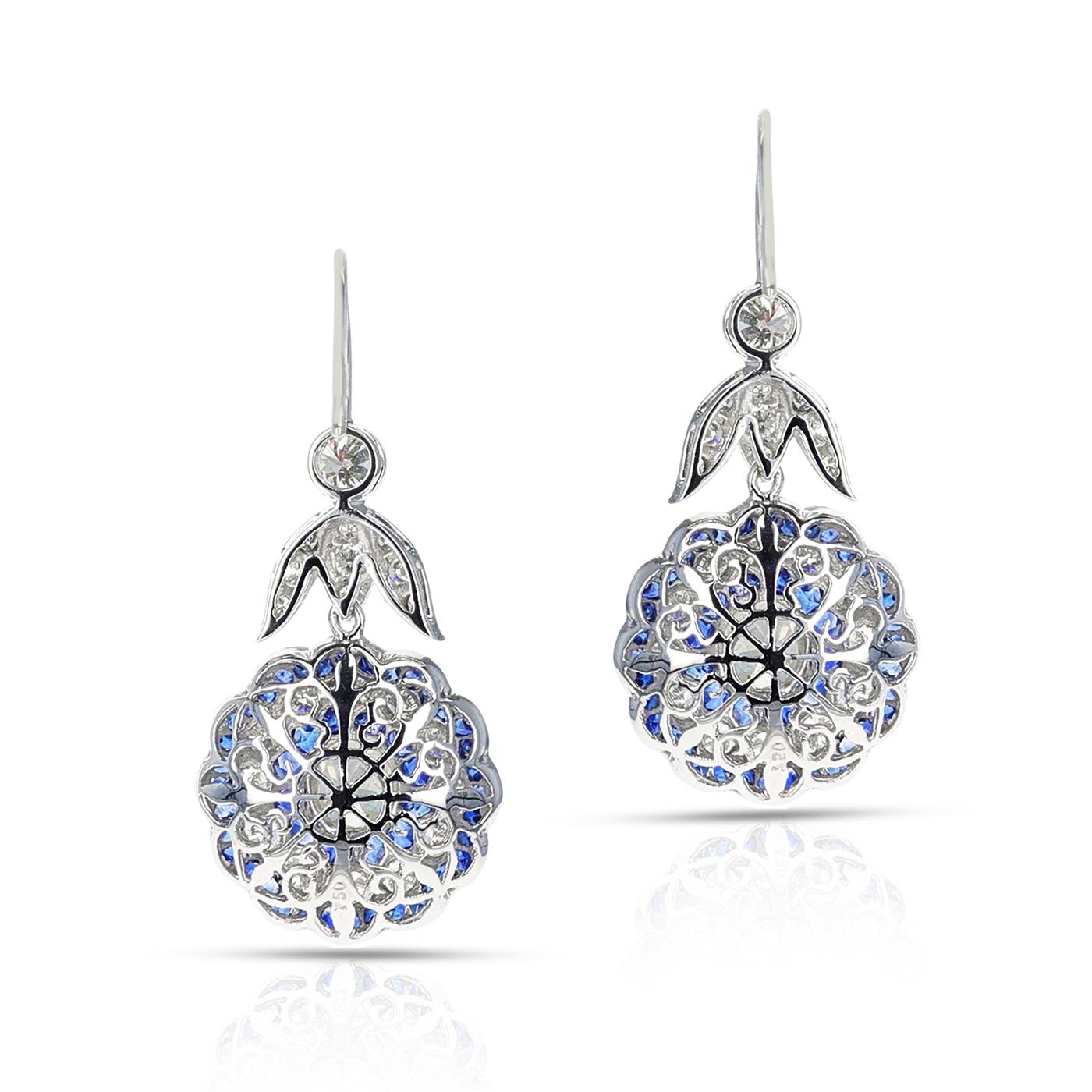 Rose Cut Art Deco Style Diamond Old European-Cut and Sapphire Earrings, 18k White For Sale