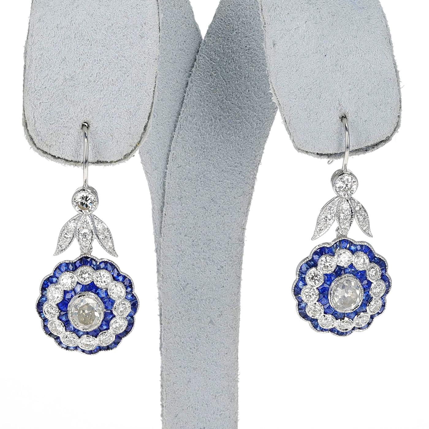 Art Deco Style Diamond Old European-Cut and Sapphire Earrings, 18k White In Excellent Condition For Sale In New York, NY