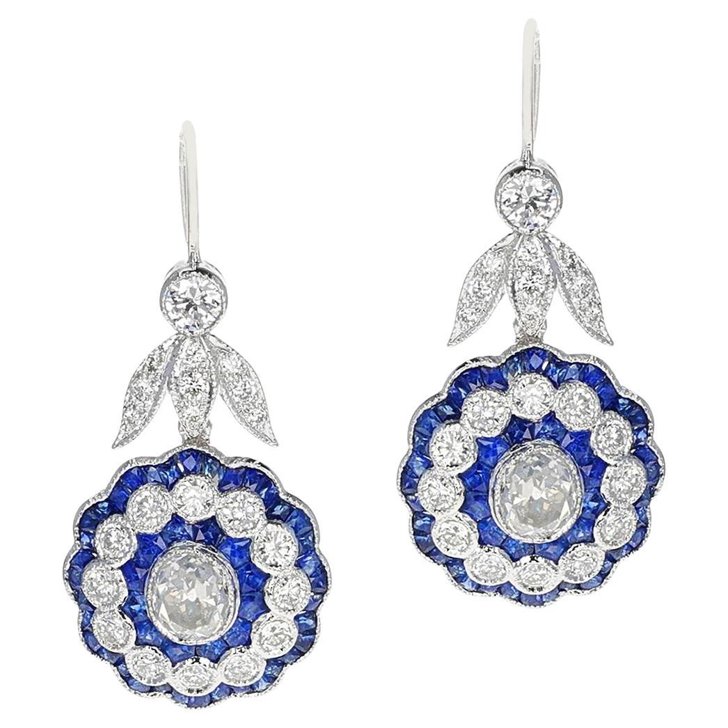 Art Deco Style Diamond Old European-Cut and Sapphire Earrings, 18k White For Sale