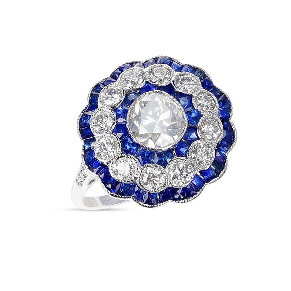 Verlobungsring im Art-déco-Stil mit Diamant im alteuropäischen Schliff und Saphir, 18 Karat Weiß (Rosenschliff) im Angebot