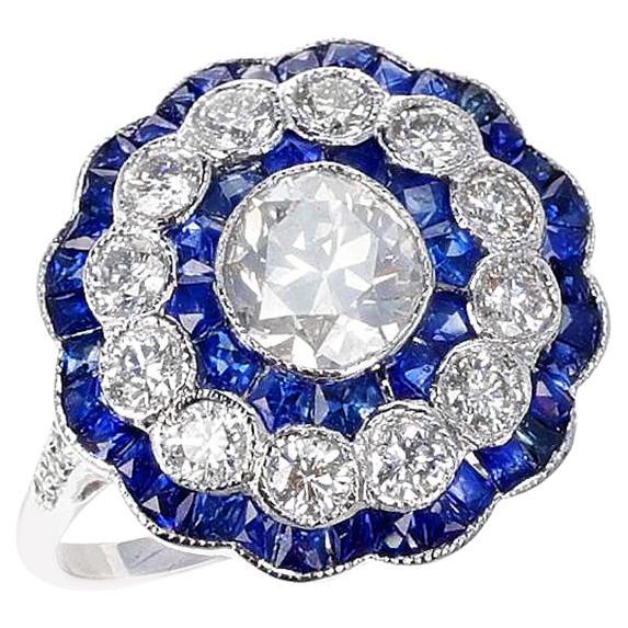 Art Deco Style Diamond Old European-Cut and Sapphire Engagement Ring, 18k White For Sale