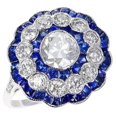 Bague de fiançailles de style Art déco en blanc 18 carats avec diamants et saphirs de taille européenne ancienne