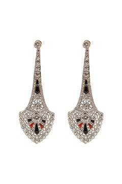 Art Deco Style Diamond, Onyx, and Coral Platinum Earrings