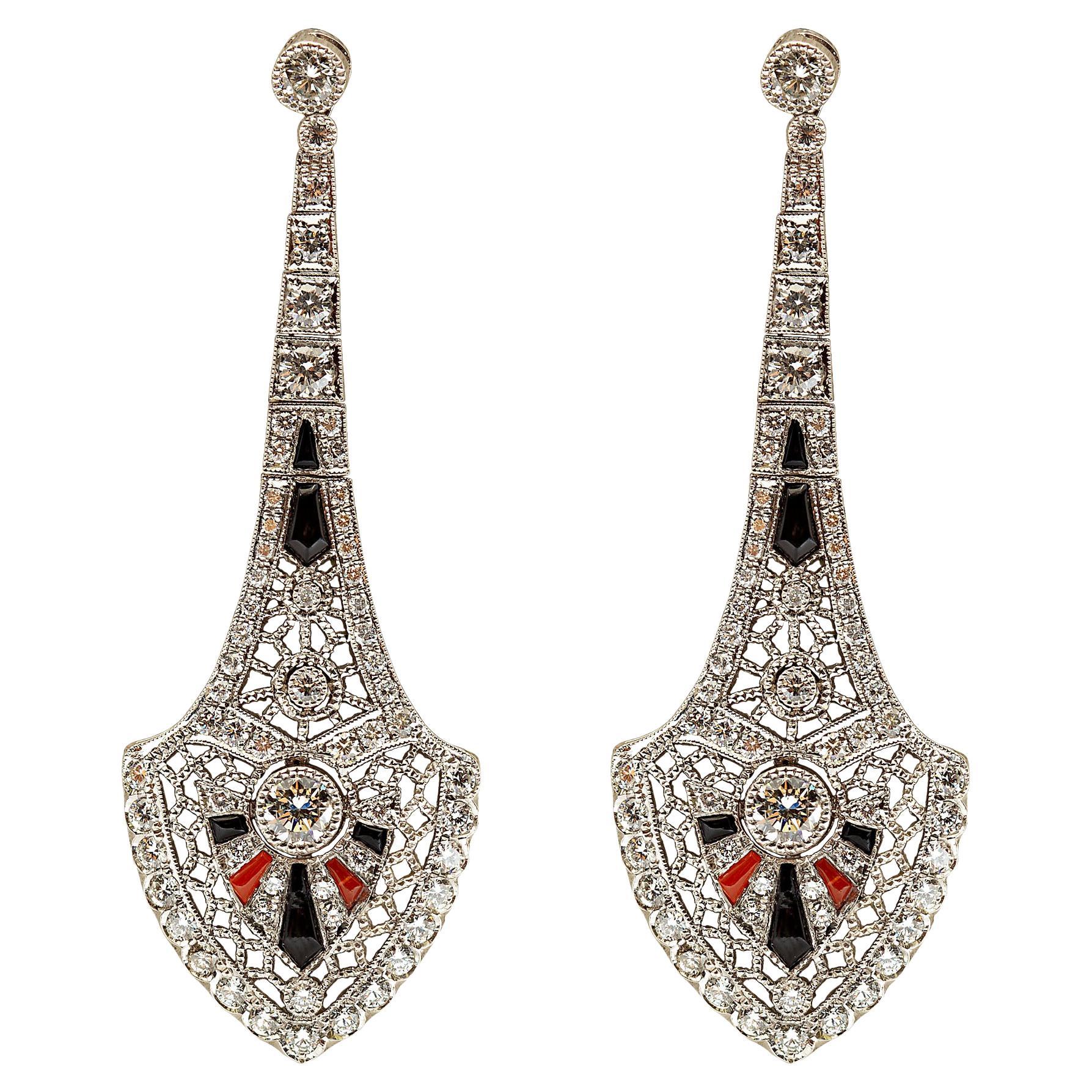 Art Deco Style Diamond, Onyx, and Coral Platinum Earrings For Sale