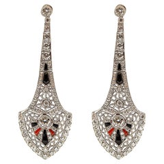 Art Deco Style Diamond, Onyx, and Coral Platinum Earrings