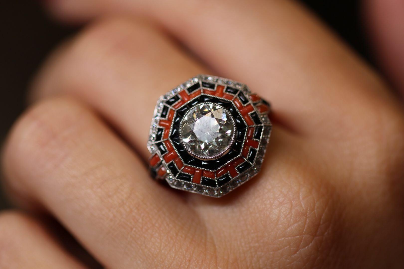 Art Deco Style Diamond, Onyx and Coral Platinum Ring 5