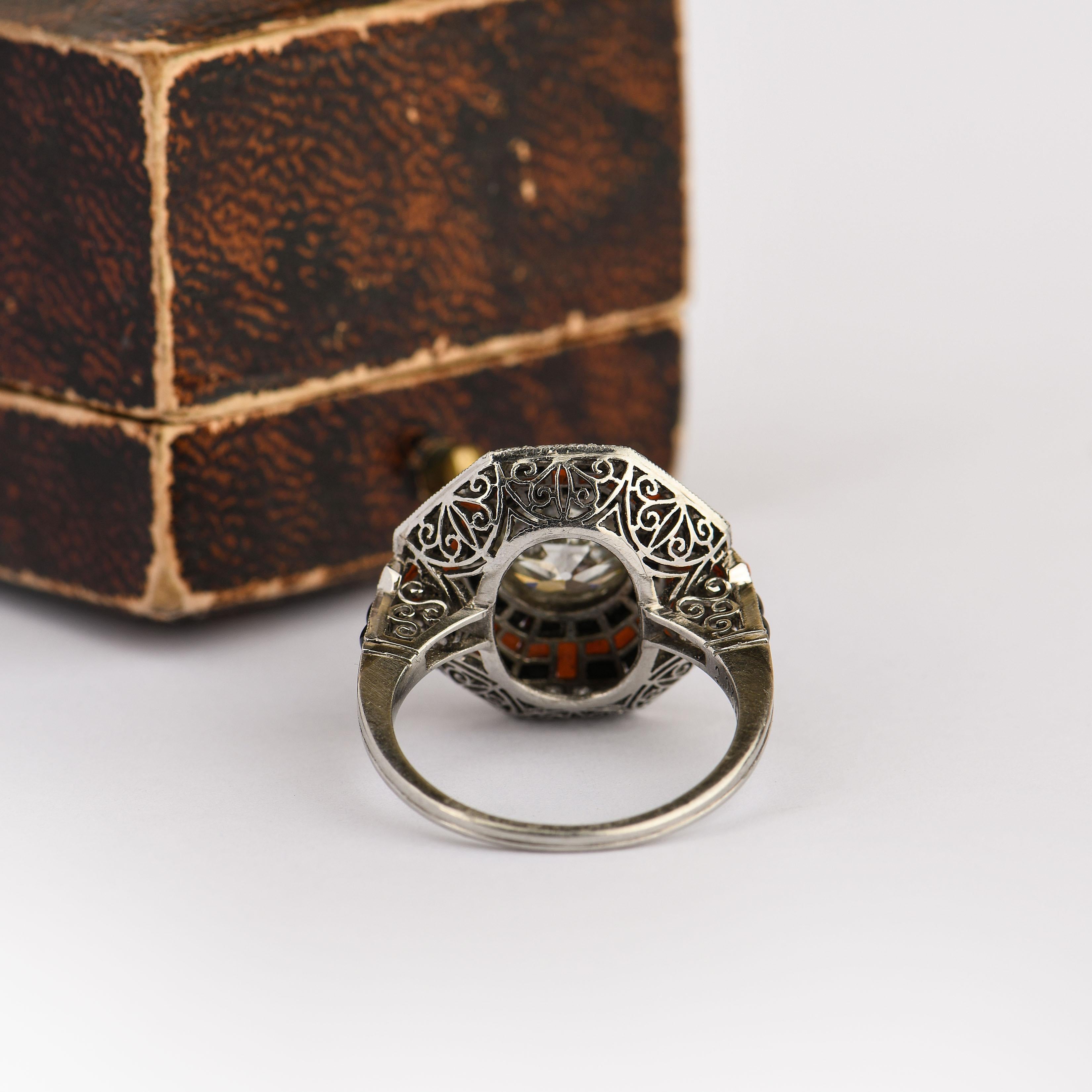 Old European Cut Art Deco Style Diamond, Onyx and Coral Platinum Ring