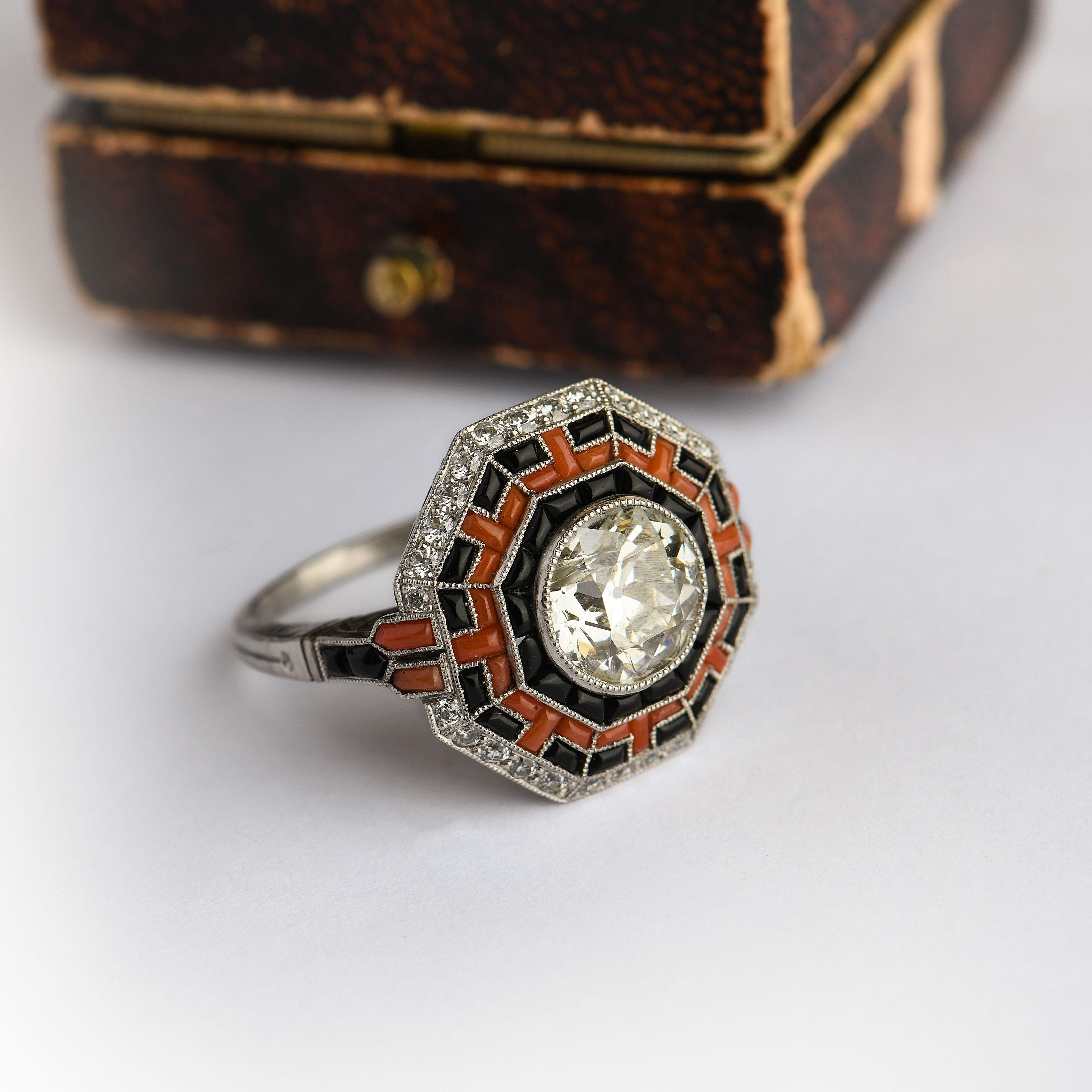 Art Deco Style Diamond, Onyx and Coral Platinum Ring 2