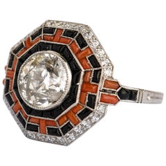 Art Deco Style Diamond, Onyx and Coral Platinum Ring