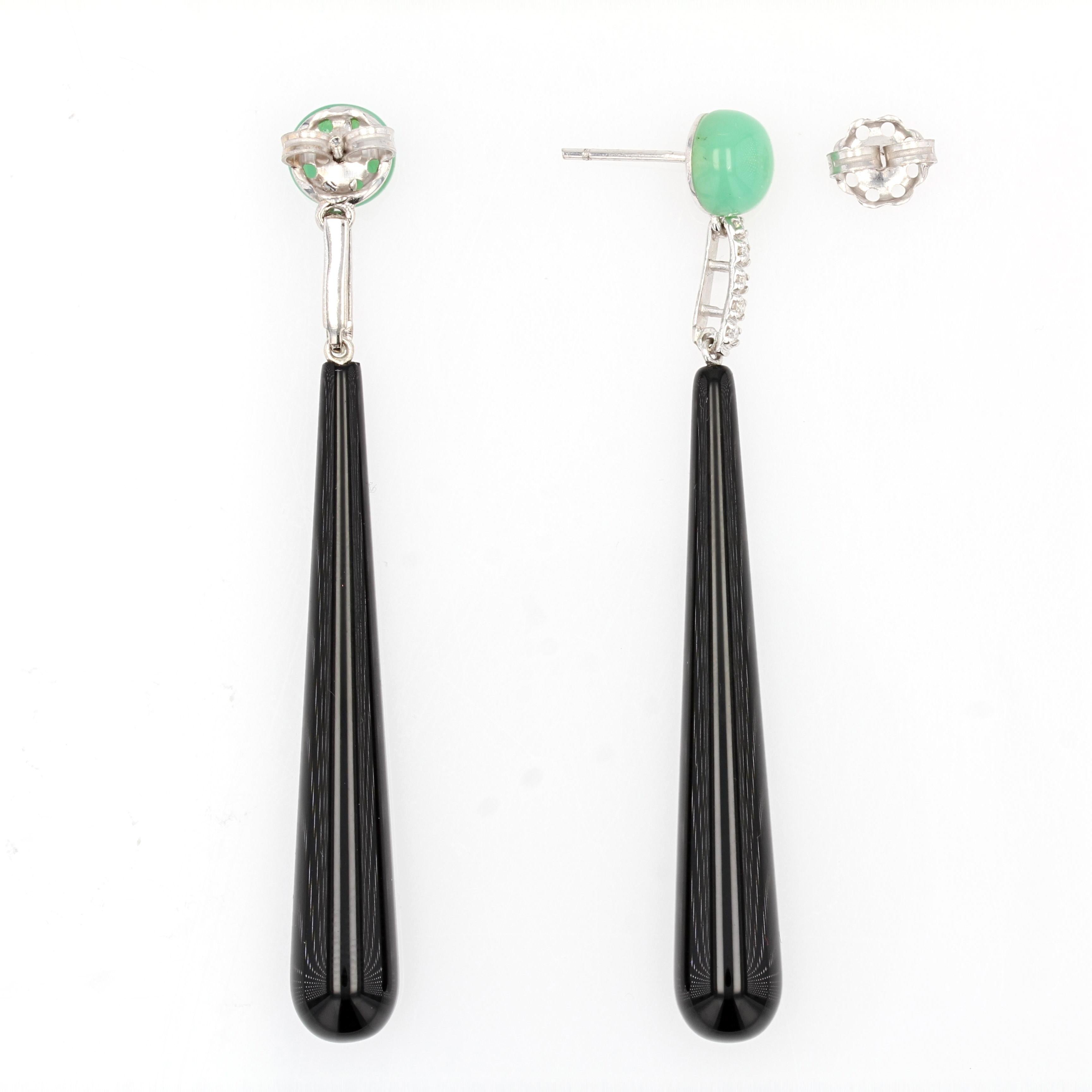 Cabochon Art Deco Style Diamond Onyx Chrysophrase Dangle Earrings For Sale