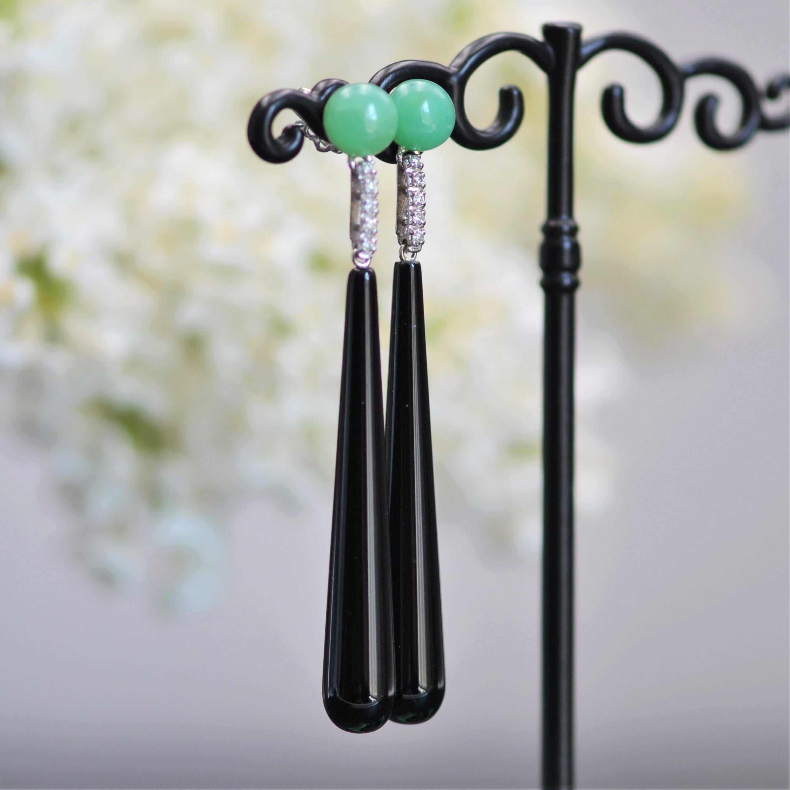 Art Deco Style Diamond Onyx Chrysophrase Dangle Earrings For Sale 3