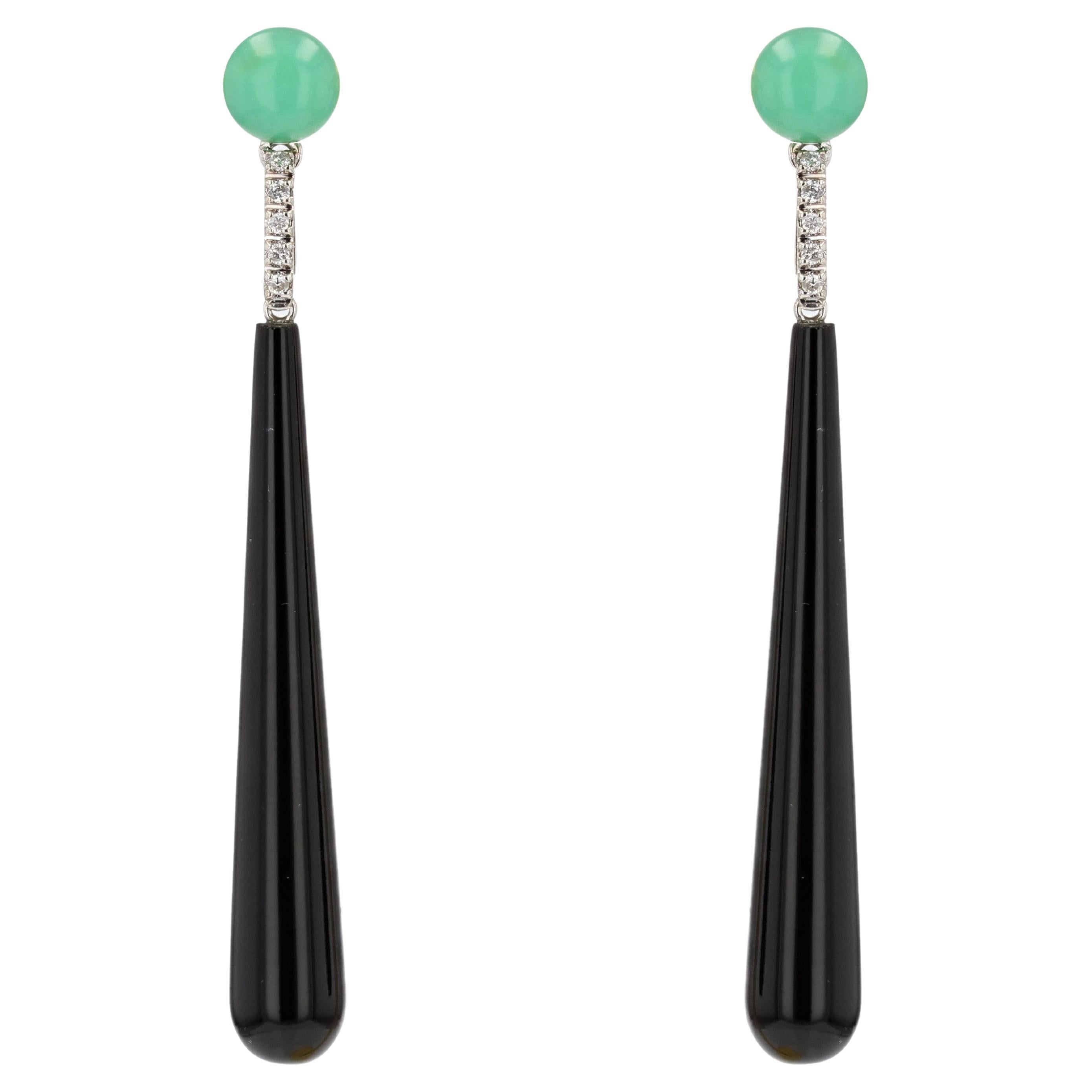 Art Deco Style Diamond Onyx Chrysophrase Dangle Earrings For Sale