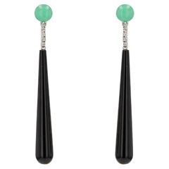 Pendientes Colgantes de Crisofrasa de Ónice y Diamante Estilo Art Déco