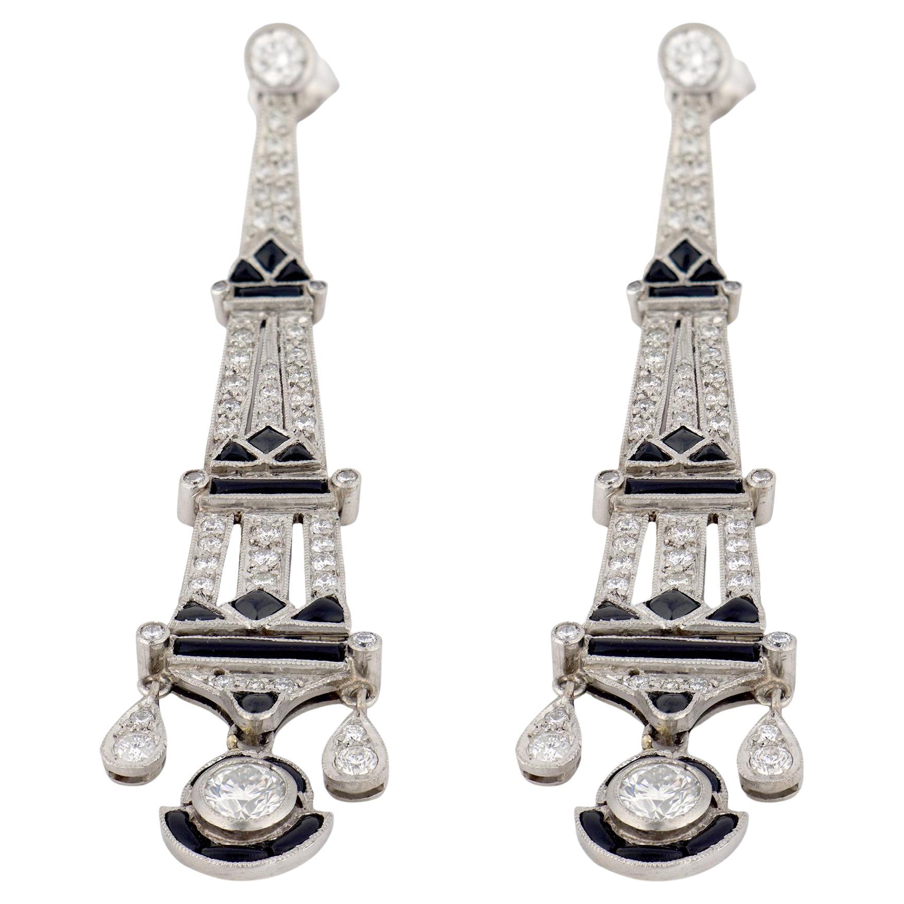 Art Deco style diamond onyx platinum chandelier earrings