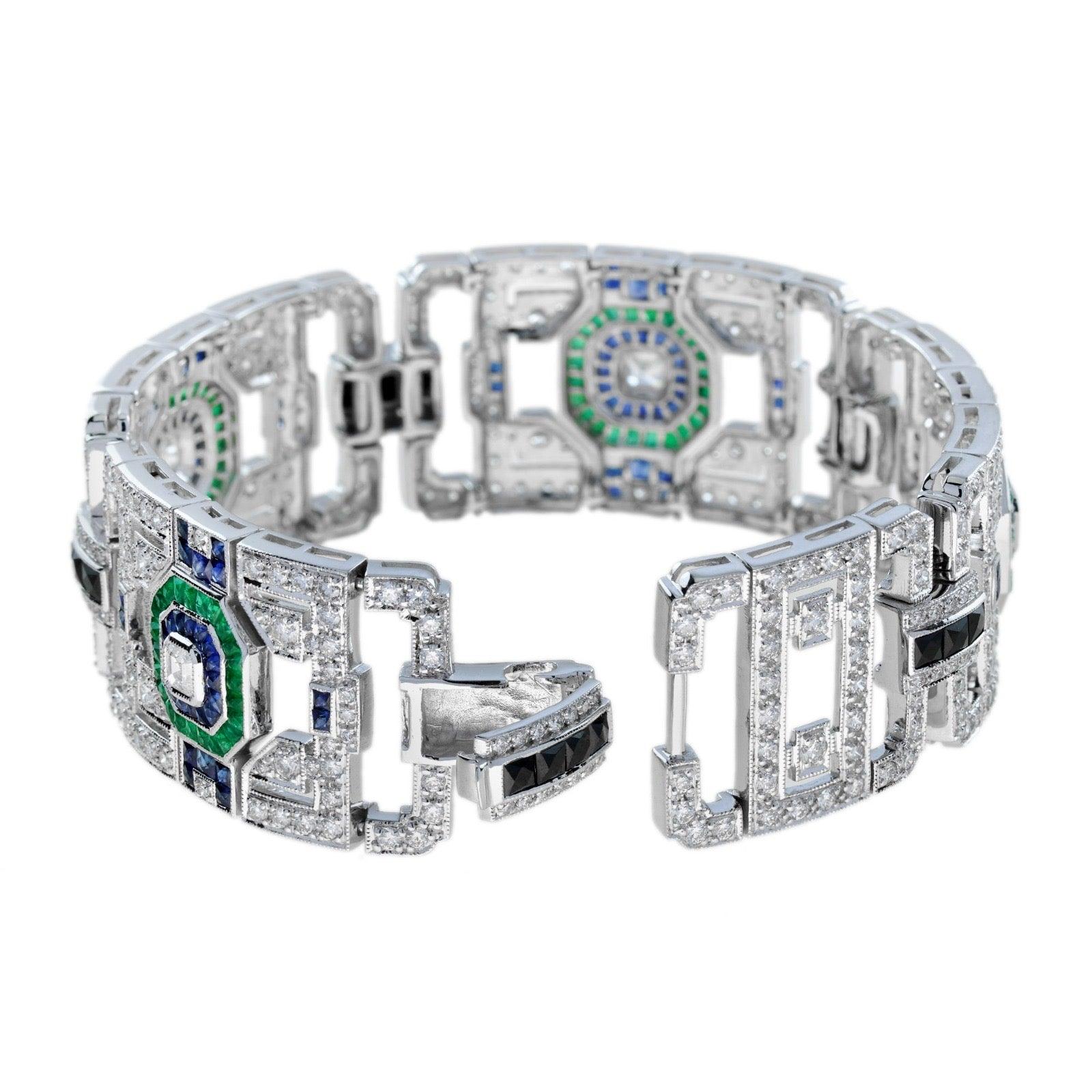 Round Cut Art Deco Style Diamond, Onyx, Sapphire and Emerald New Bracelet For Sale
