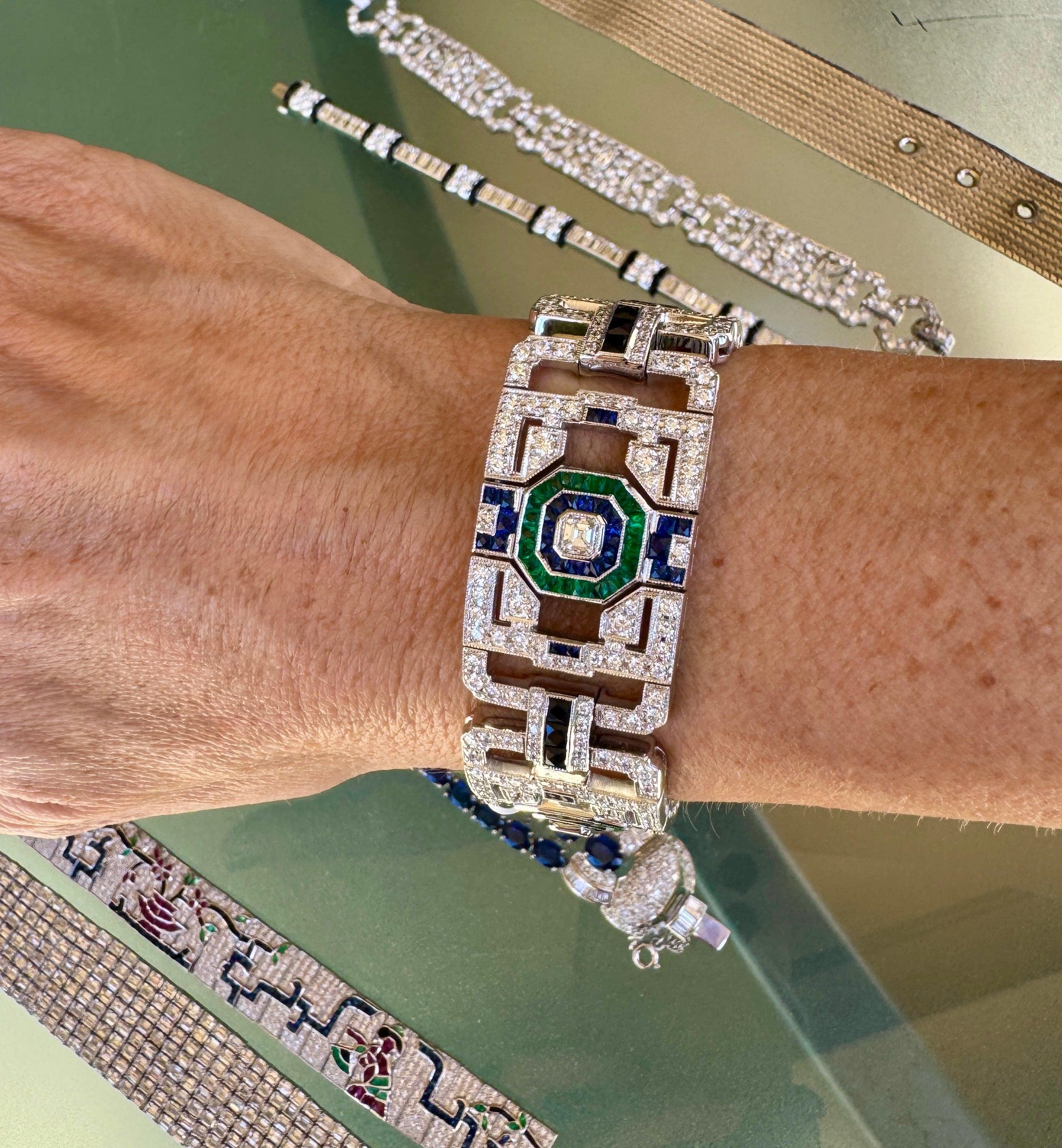 Women's Art Deco Style Diamond, Onyx, Sapphire and Emerald New Bracelet For Sale