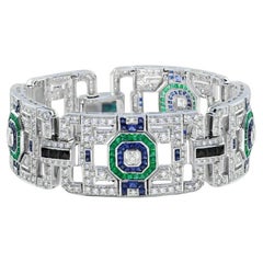 Art Deco Style Diamond, Onyx, Sapphire and Emerald New Bracelet