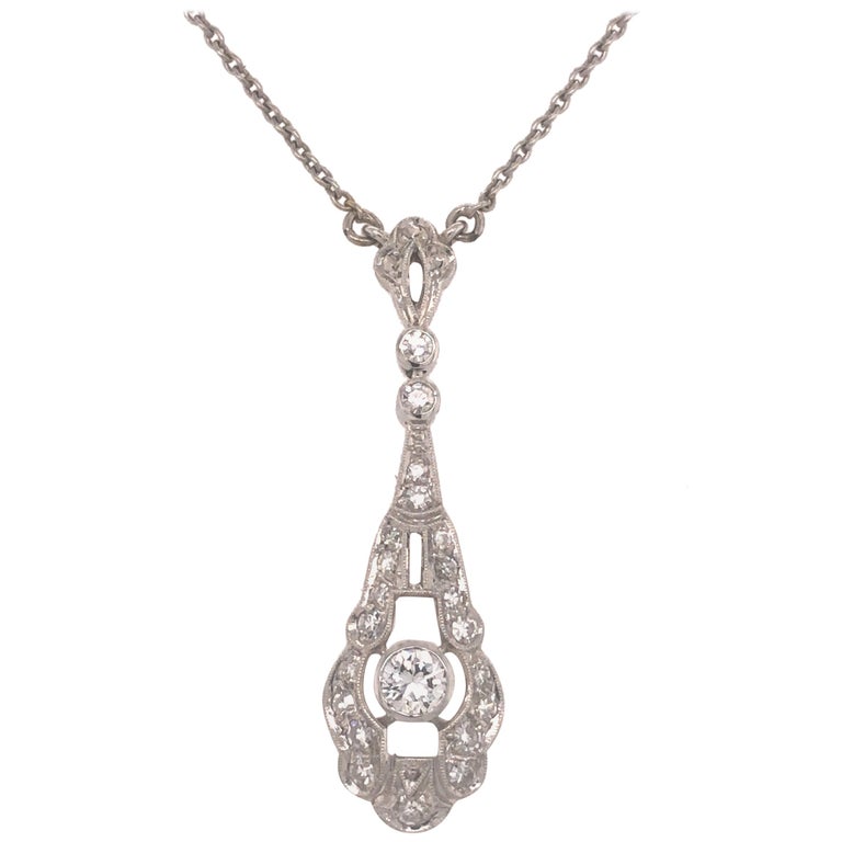 Art Deco Style Diamond Pendant Necklace 18 Karat White Gold For Sale