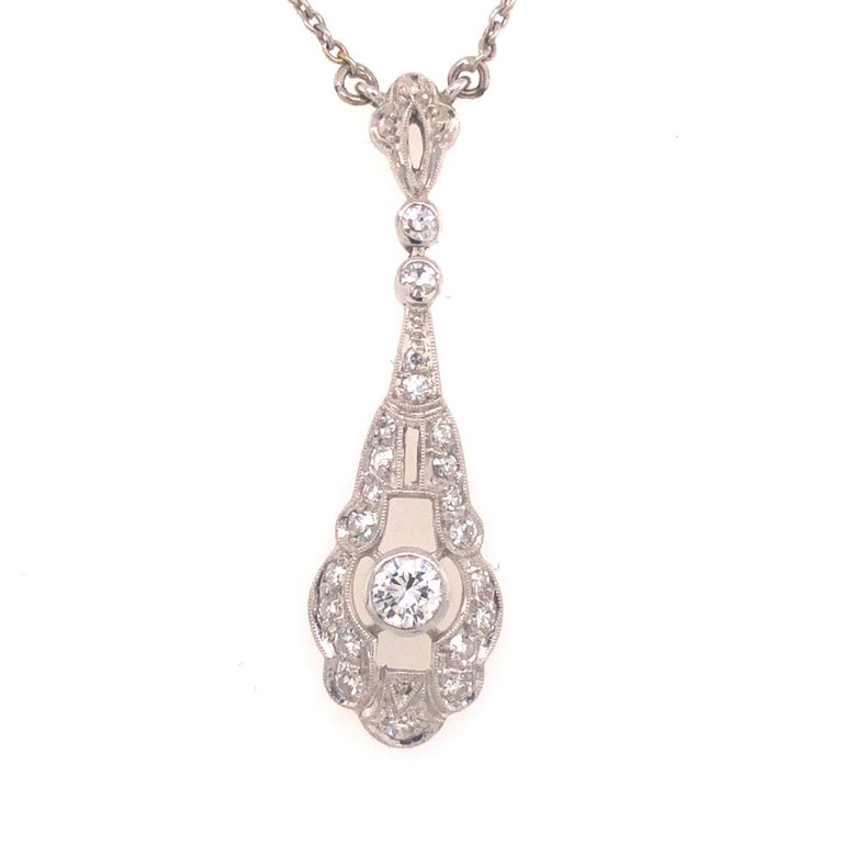 Art Deco Style Diamond Pendant Necklace 18 Karat White Gold In Excellent Condition For Sale In MIAMI, FL