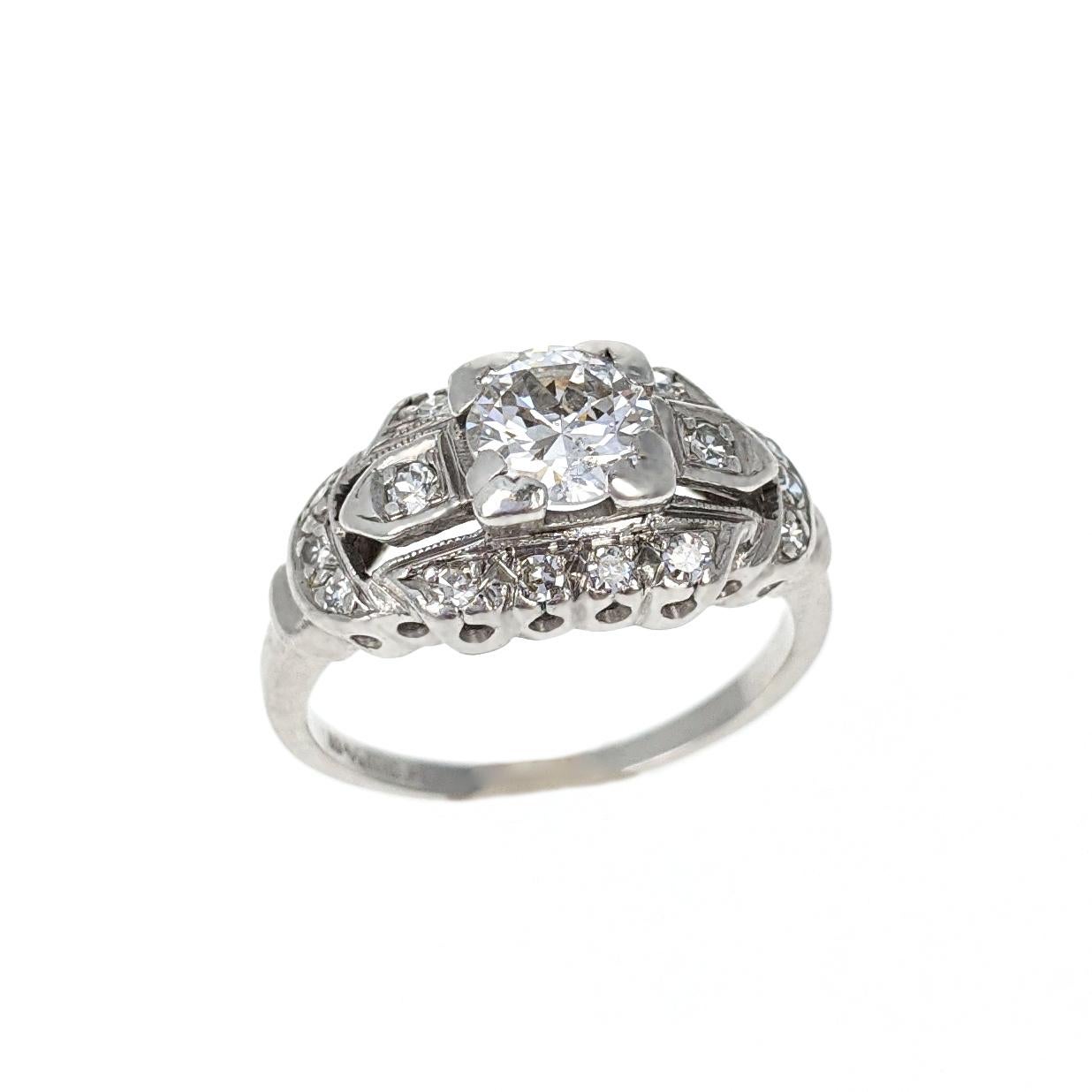 Round Cut Art Deco Diamond Platinum Engagement Ring For Sale