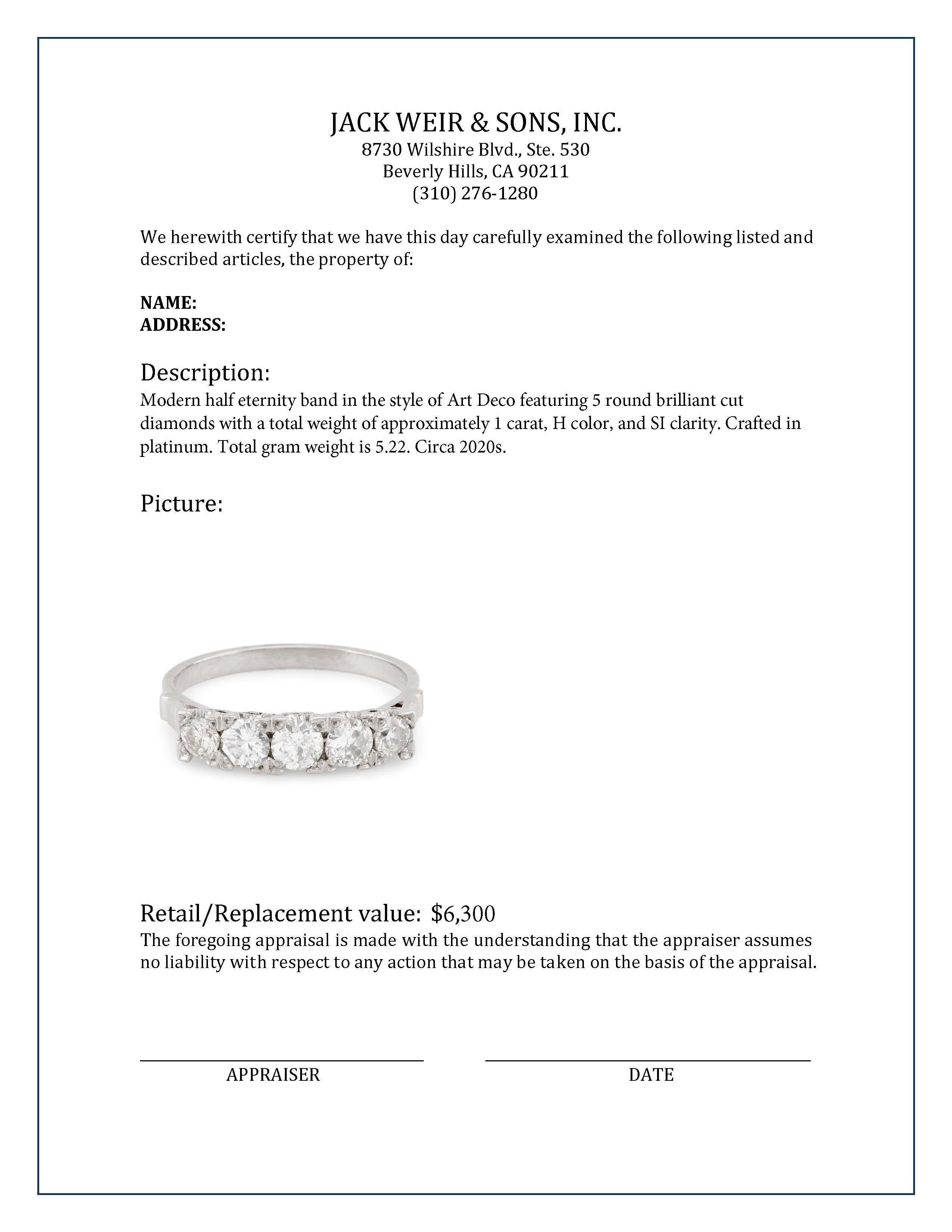 Women's or Men's Art Deco Style Diamond Platinum Half Eternity Band For Sale