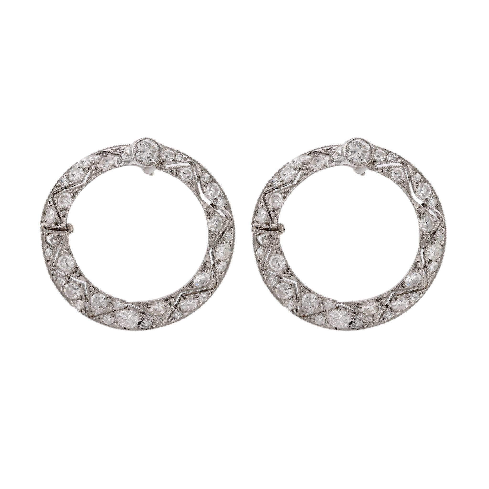 Art Deco Stil Diamant-Platin-Ohrringe mit Creolen (Art déco)