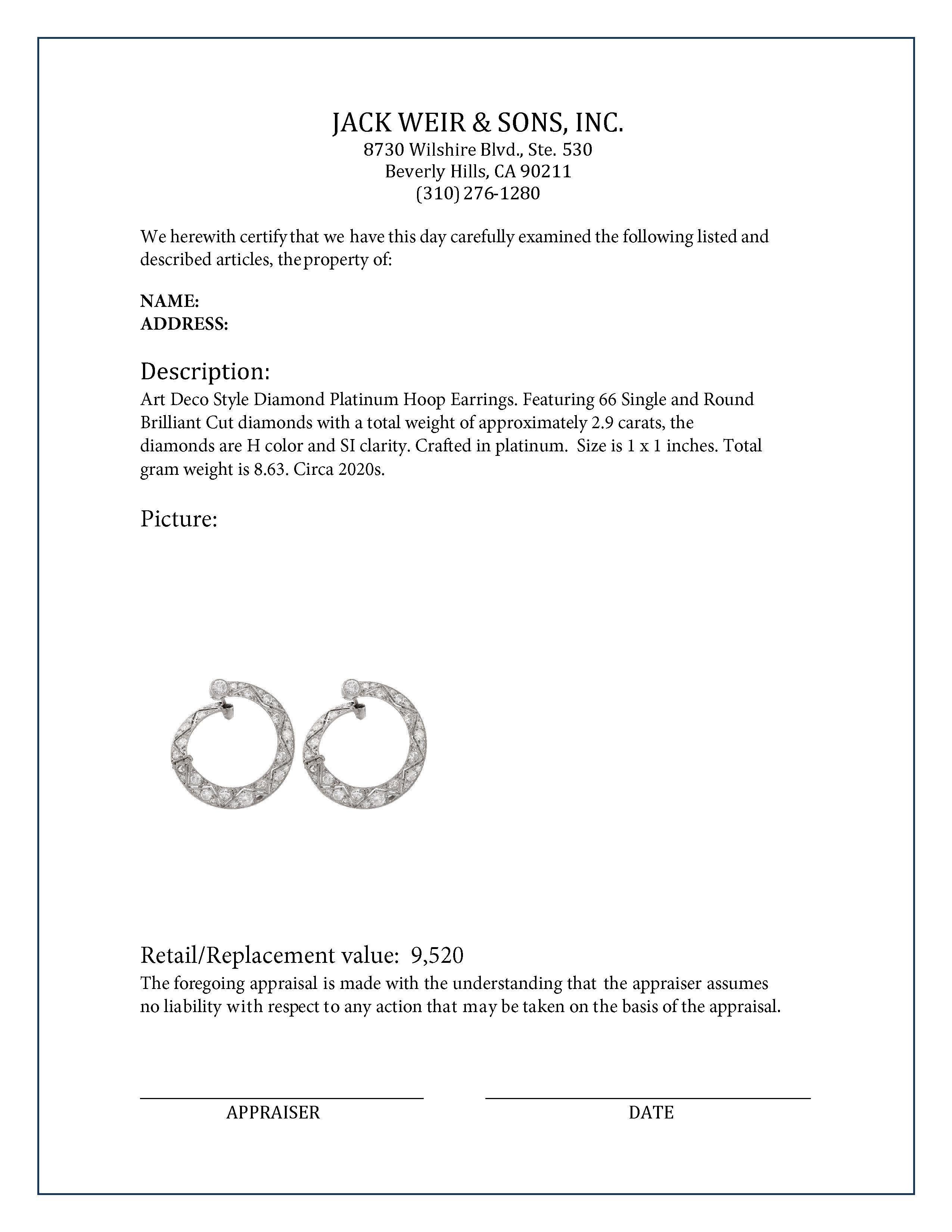Art Deco Stil Diamant-Platin-Ohrringe mit Creolen im Zustand „Hervorragend“ in Beverly Hills, CA