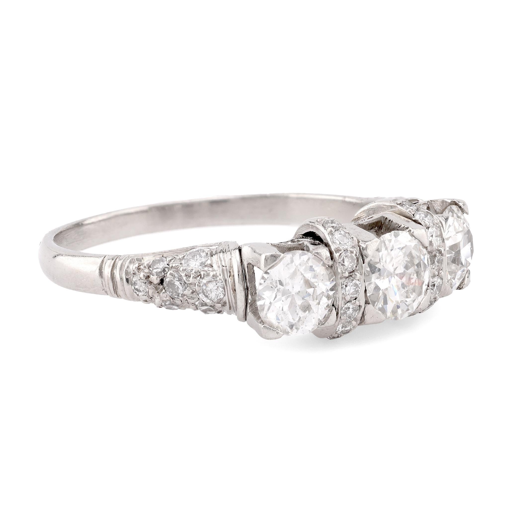 Brilliant Cut Art Deco Style Diamond Platinum Three Stone Ring For Sale