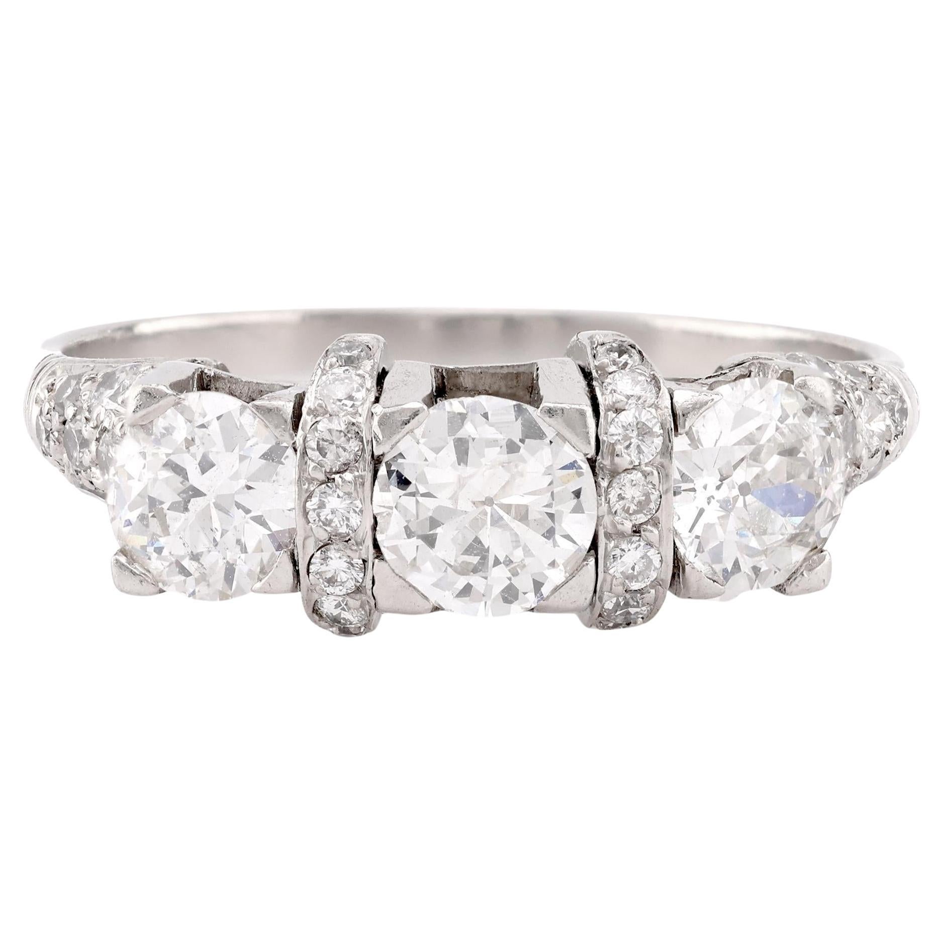 Art Deco Style Diamond Platinum Three Stone Ring