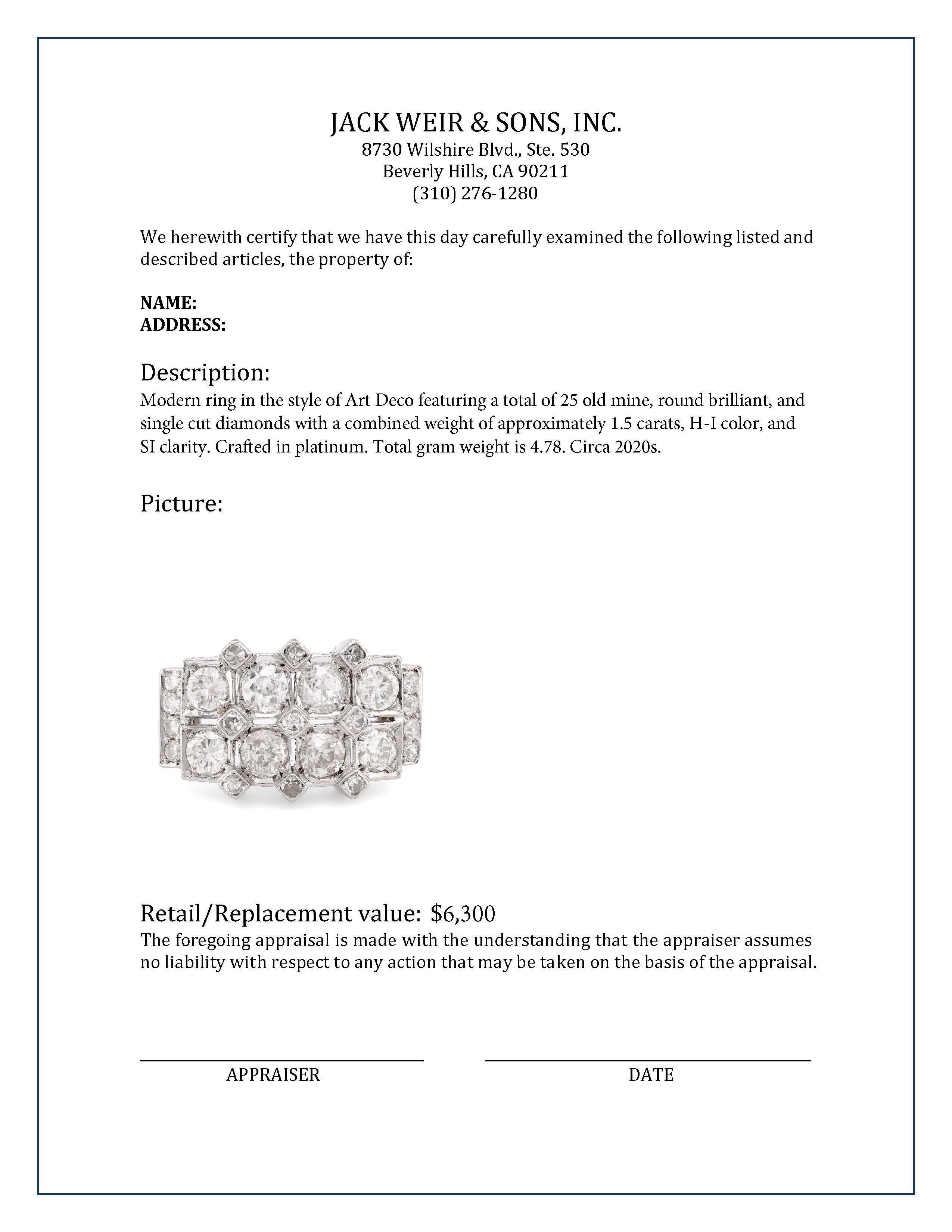 Anillo de Dos Hileras de Platino con Diamantes Estilo Art Déco en Excelente estado para la venta en Beverly Hills, CA