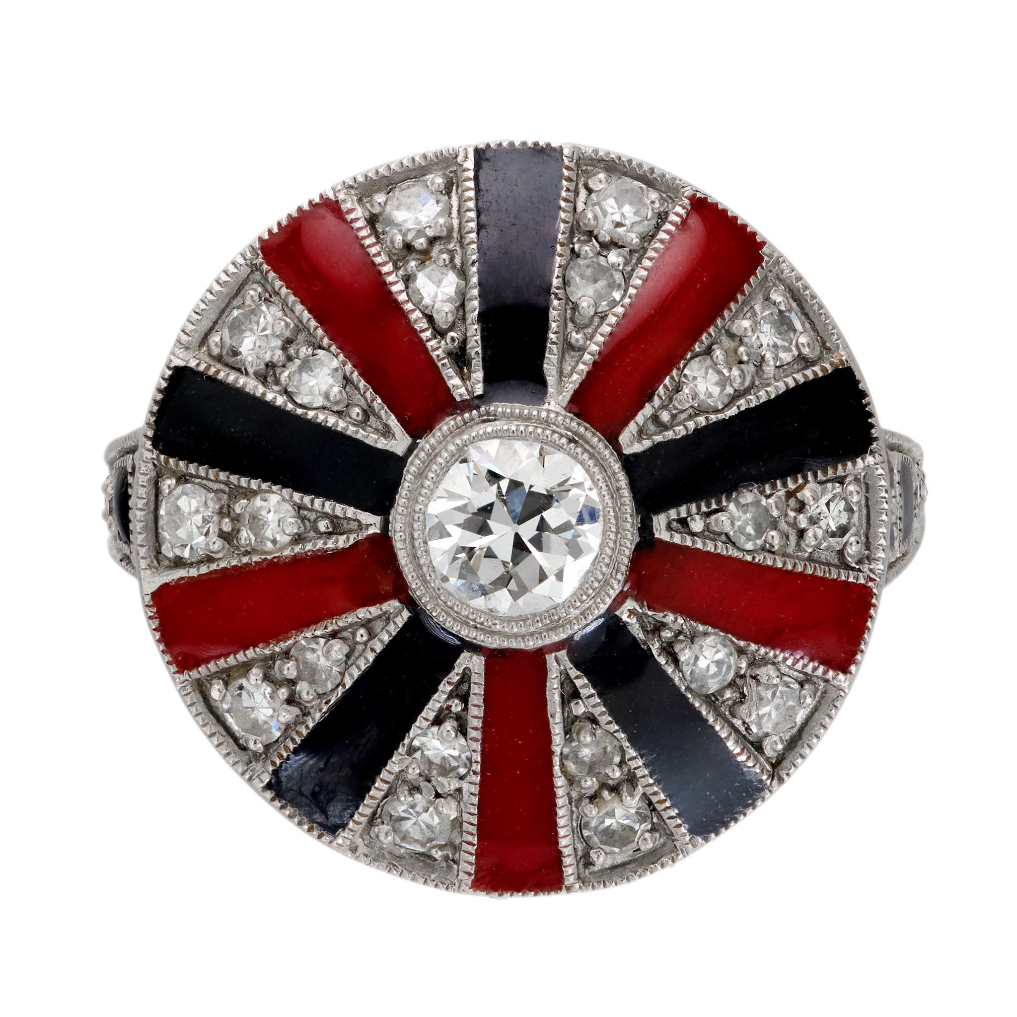 Old European Cut Art Deco style diamond red and black enamel platinum cocktail ring