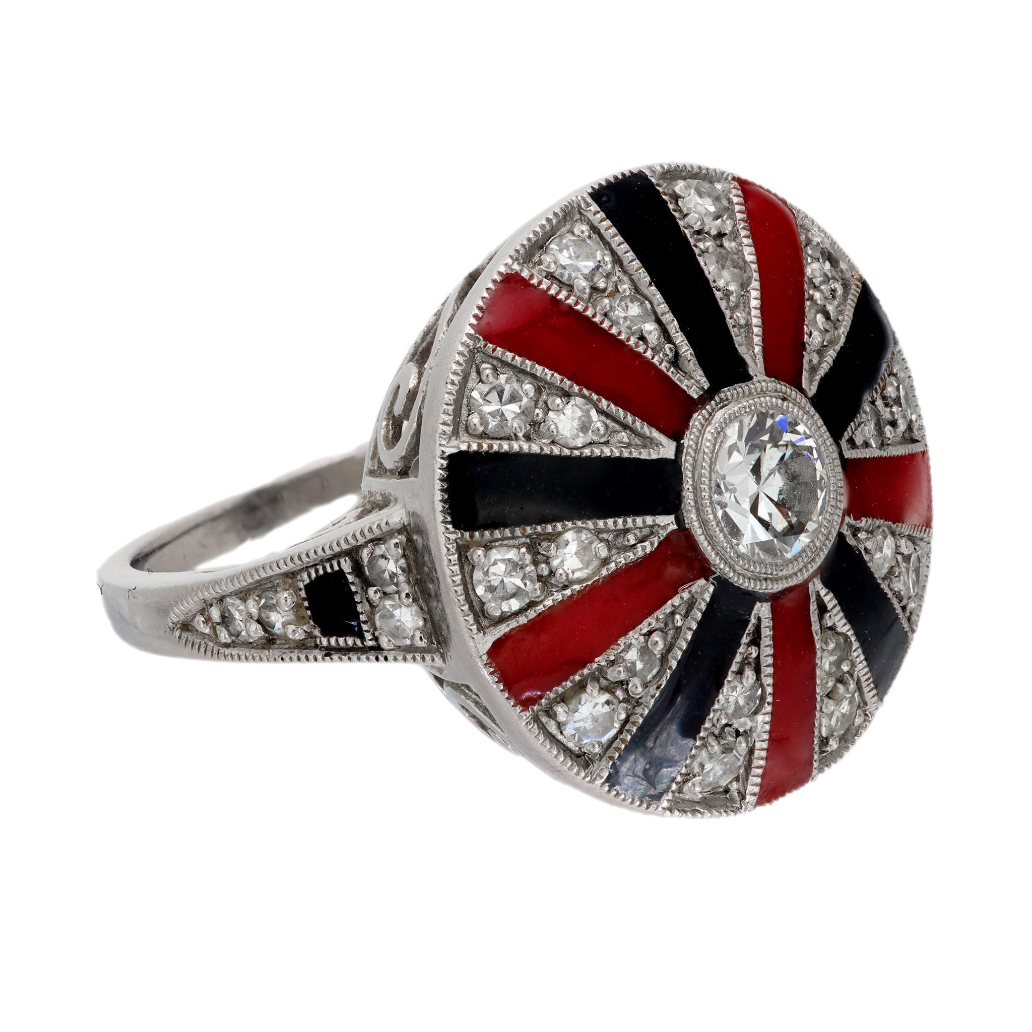 Art Deco style diamond red and black enamel platinum cocktail ring In Good Condition In Beverly Hills, CA