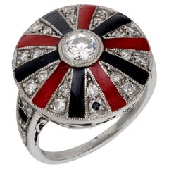 Art Deco style diamond red and black enamel platinum cocktail ring