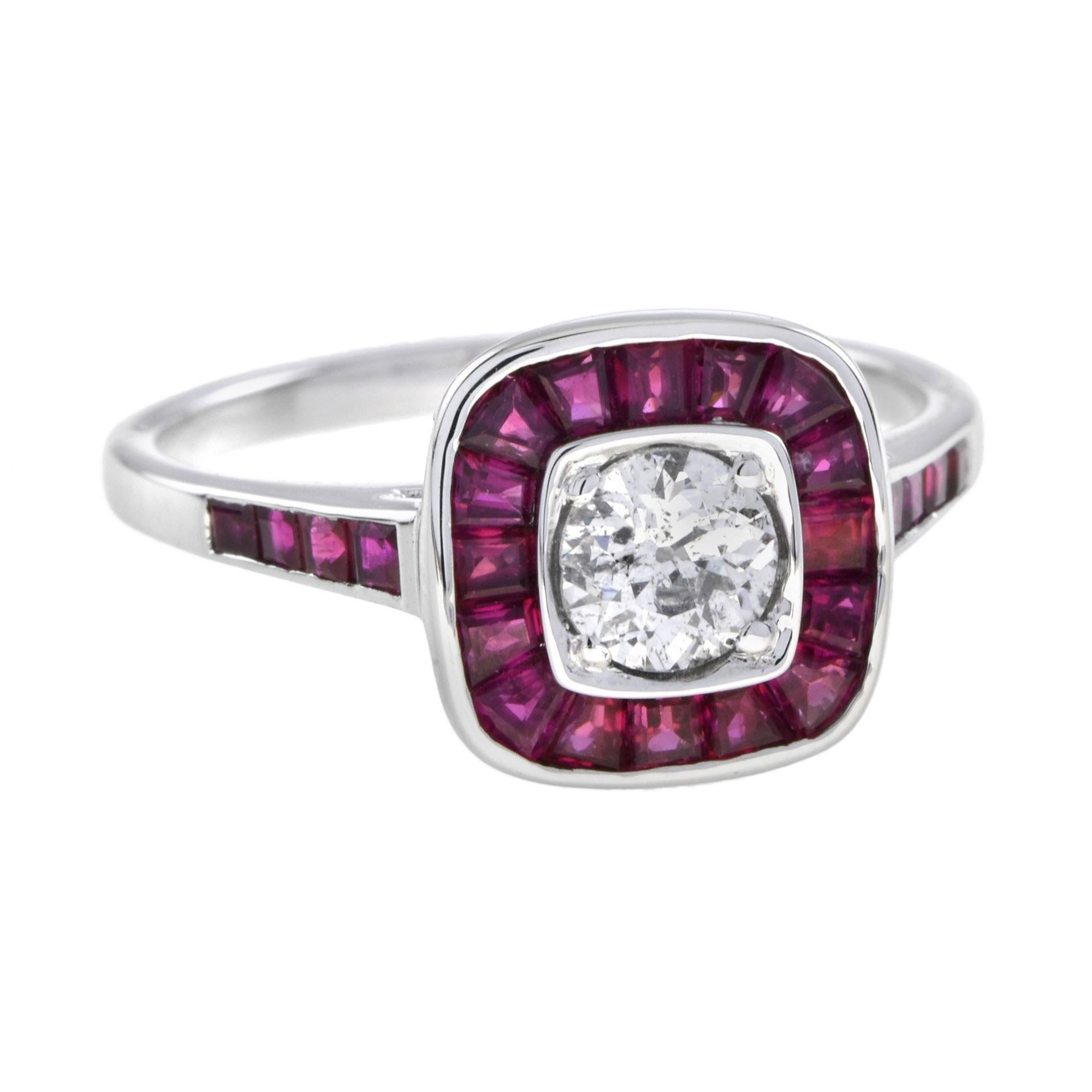 This elegant vintage inspired engagement ring is beautifully designed to capture the chick style of the Art Deco era! The setting features center 0.58 carats old cut diamond with rich red natural rubies meticulously calibre cut to fit the iconically