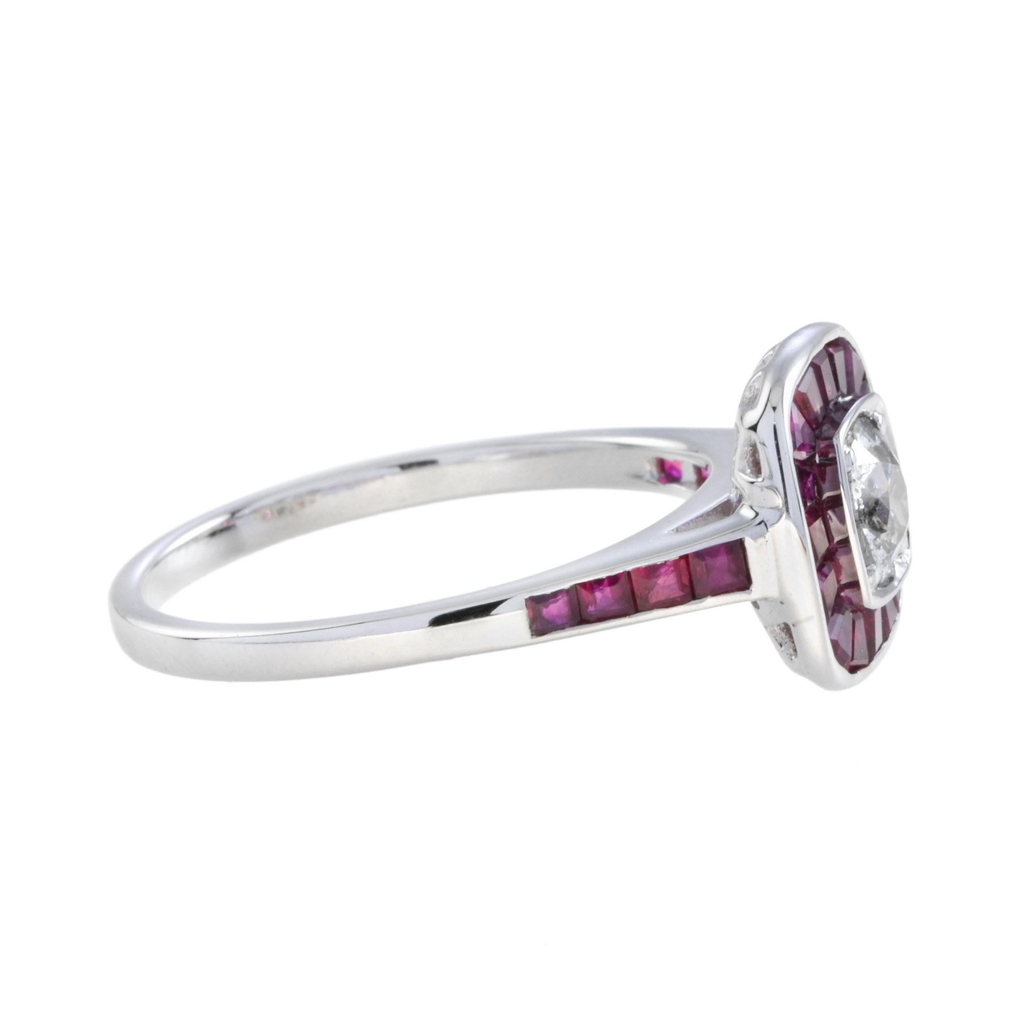 Old European Cut Art Deco Style Diamond & Red Pink Ruby Cushion Shape Halo 18K White Gold Ring For Sale
