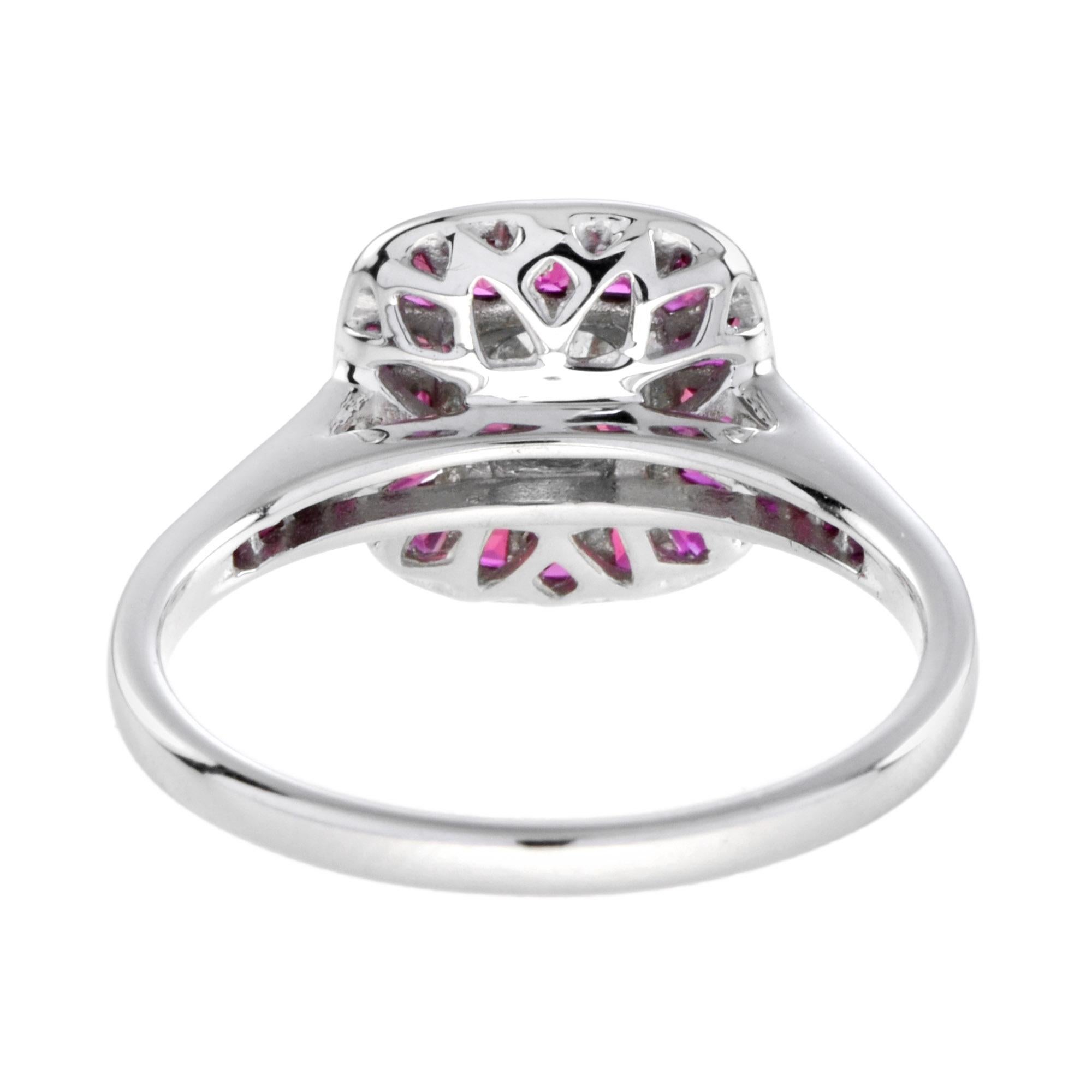Art Deco Style Diamond & Red Pink Ruby Cushion Shape Halo 18K White Gold Ring In New Condition For Sale In Oakton, VA