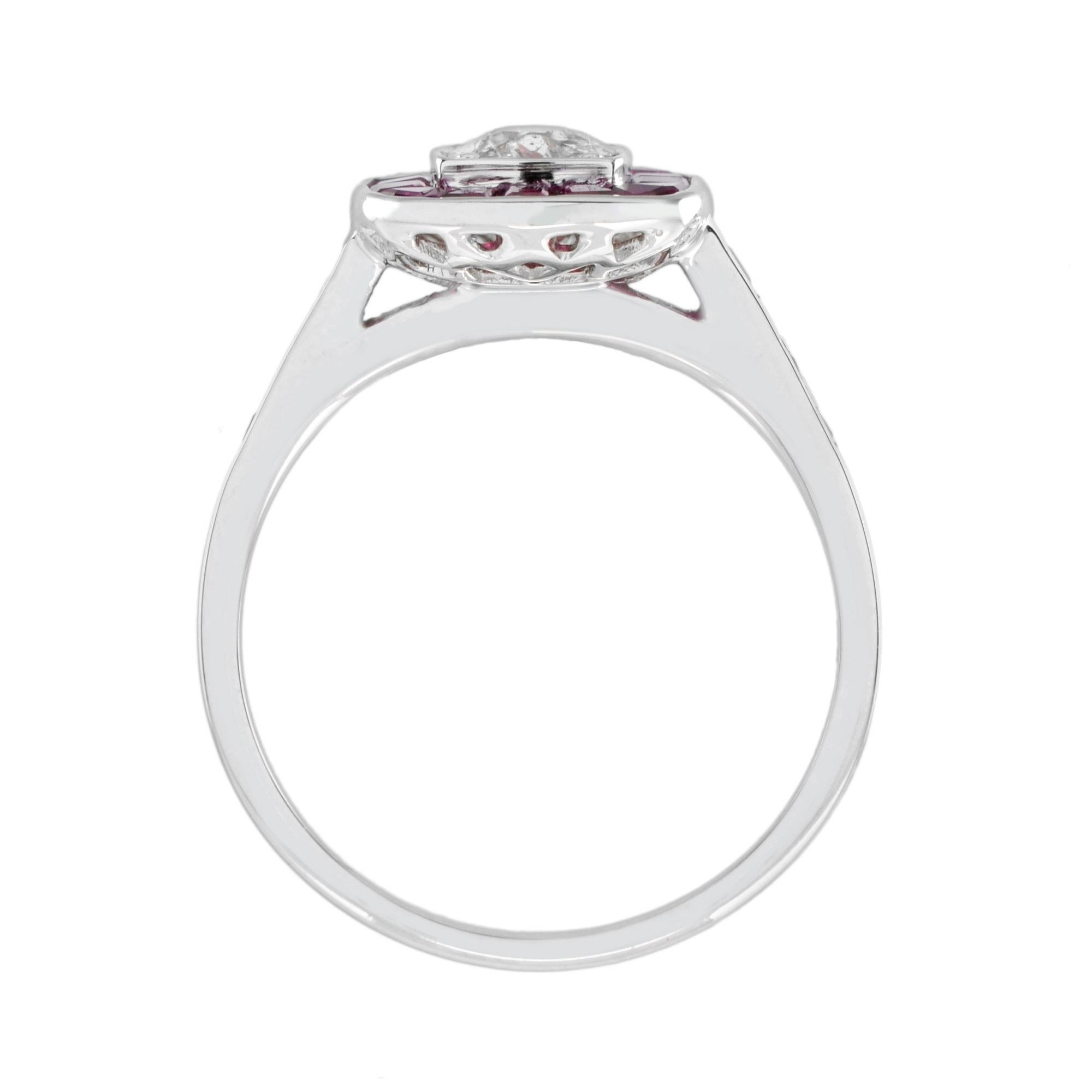 Women's Art Deco Style Diamond & Red Pink Ruby Cushion Shape Halo 18K White Gold Ring For Sale