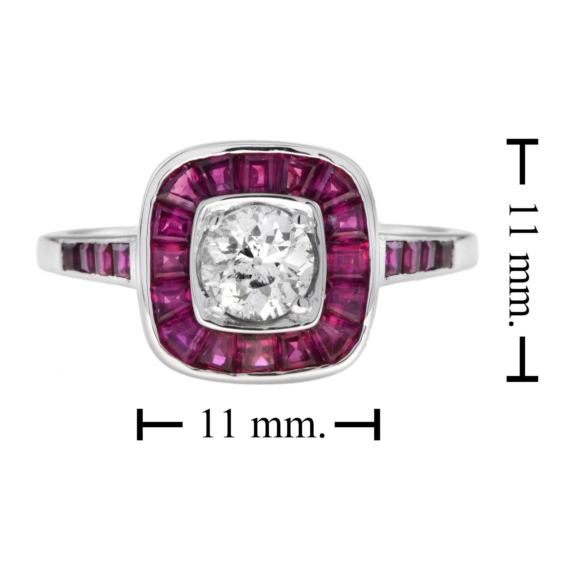 Art Deco Style Diamond & Red Pink Ruby Cushion Shape Halo 18K White Gold Ring For Sale 1